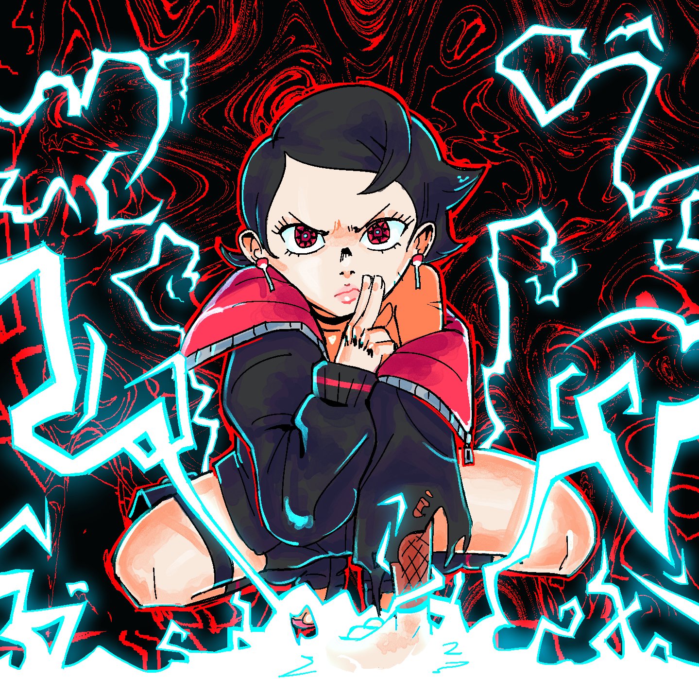 1her0, uchiha sarada, boruto: two blue vortex, naruto (series), commentary, english commentary, highres, 1girl, black background, black hair, black jacket, chidori (naruto), electricity, electrokinesis, fishnet sleeves, fishnets, frown, full body, hand on ground, hand up, jacket, kuji-in, looking at viewer, mangekyou sharingan, pink lips, pursed lips, red background, red eyes, sharingan, short hair, solo, squatting, thigh strap, torn clothes, torn jacket, torn sleeves, uchiha symbol, v-shaped eyebrows