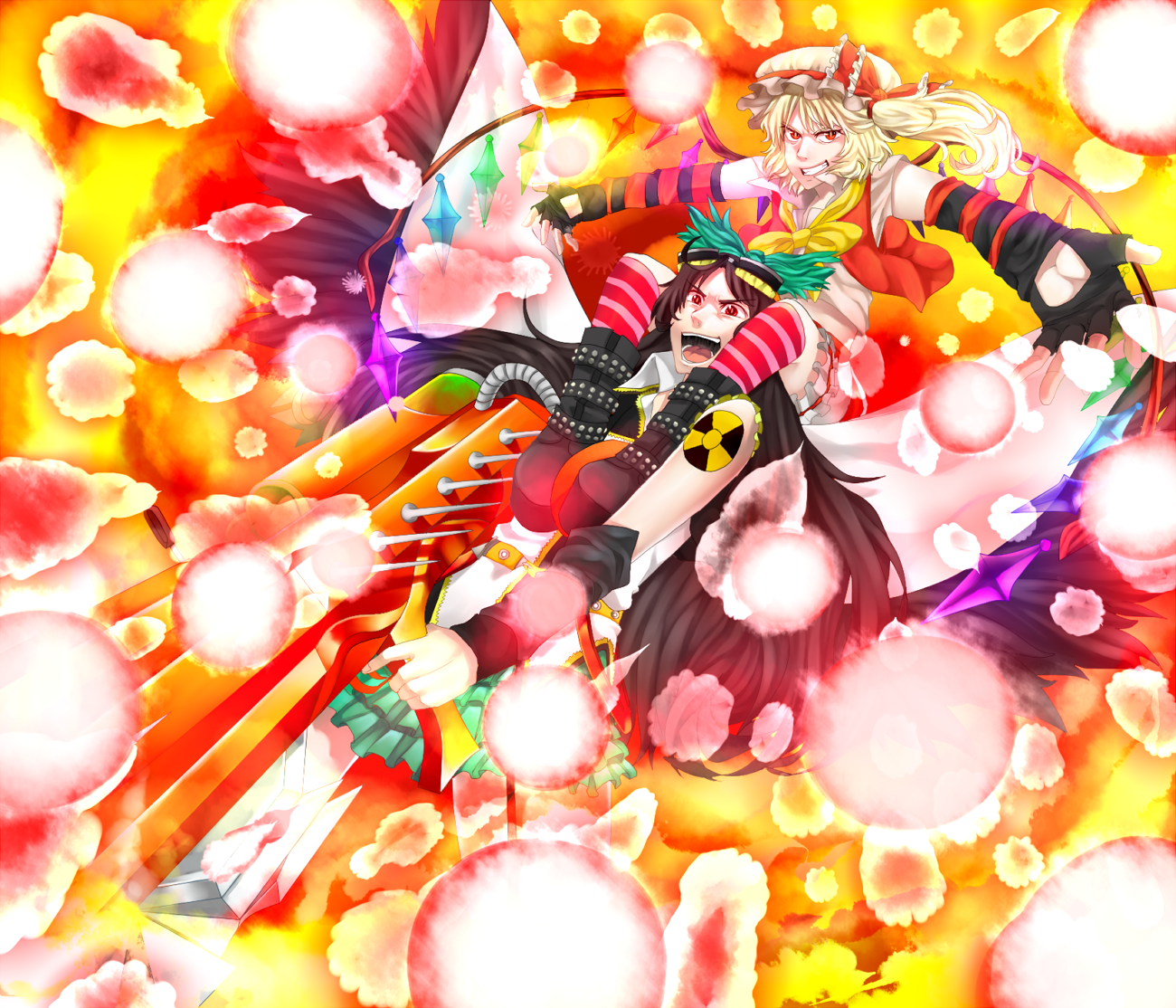 koufukutei yumeko, yumeko (artist), flandre scarlet, reiuji utsuho, touhou, 2girls, black hair, blonde hair, danmaku, female focus, hat, long hair, multiple girls, ponytail, red eyes, short hair, side ponytail, wings