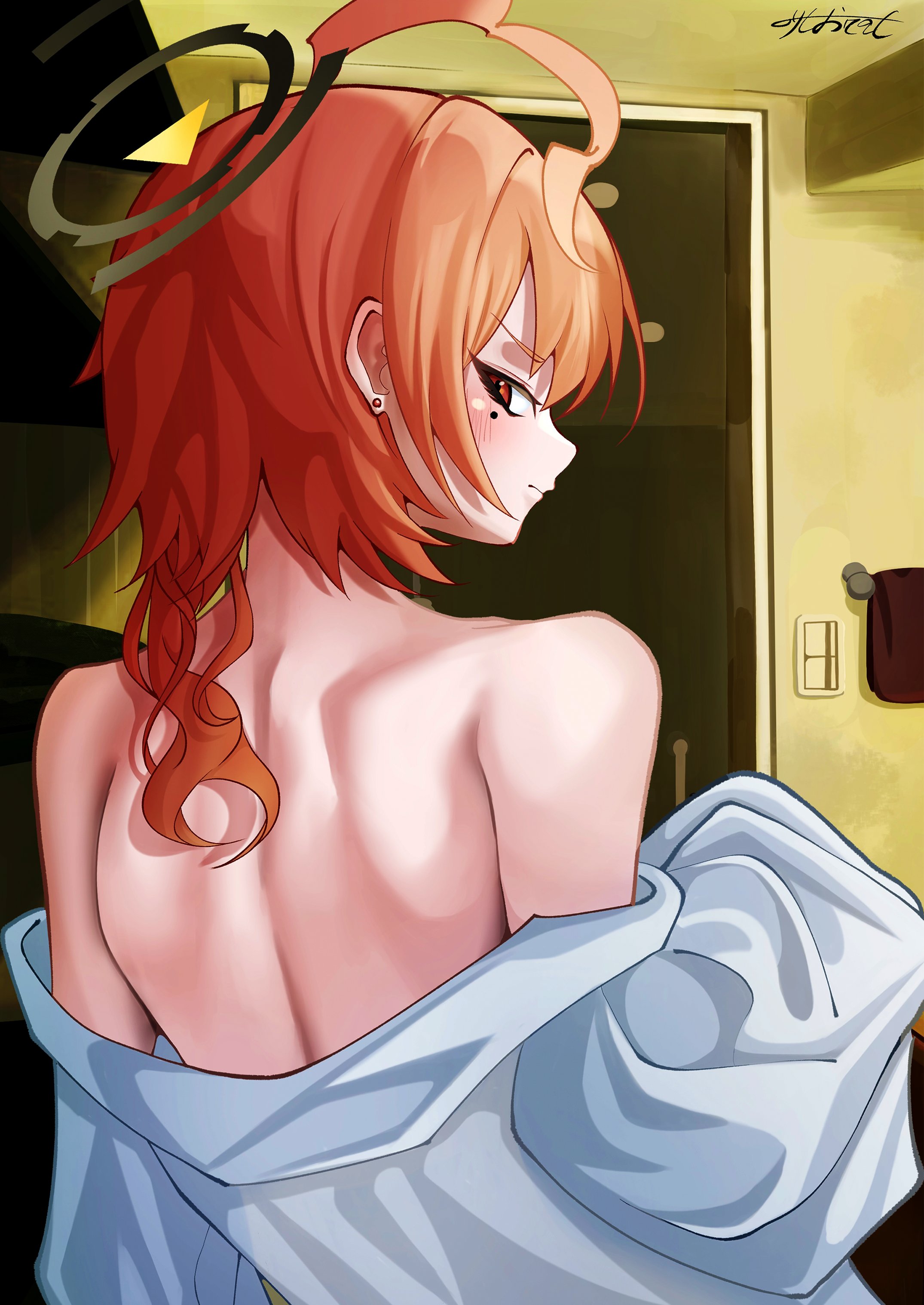 norishio791, neru (blue archive), blue archive, 1girl, ahoge, back, blush, earrings, embarrassed, from behind, halo, huge ahoge, indoors, jewelry, looking back, medium hair, mole, mole under eye, off-shoulder shirt, off shoulder, orange hair, oversized clothes, oversized shirt, red eyes, shirt, solo, undressing, white shirt