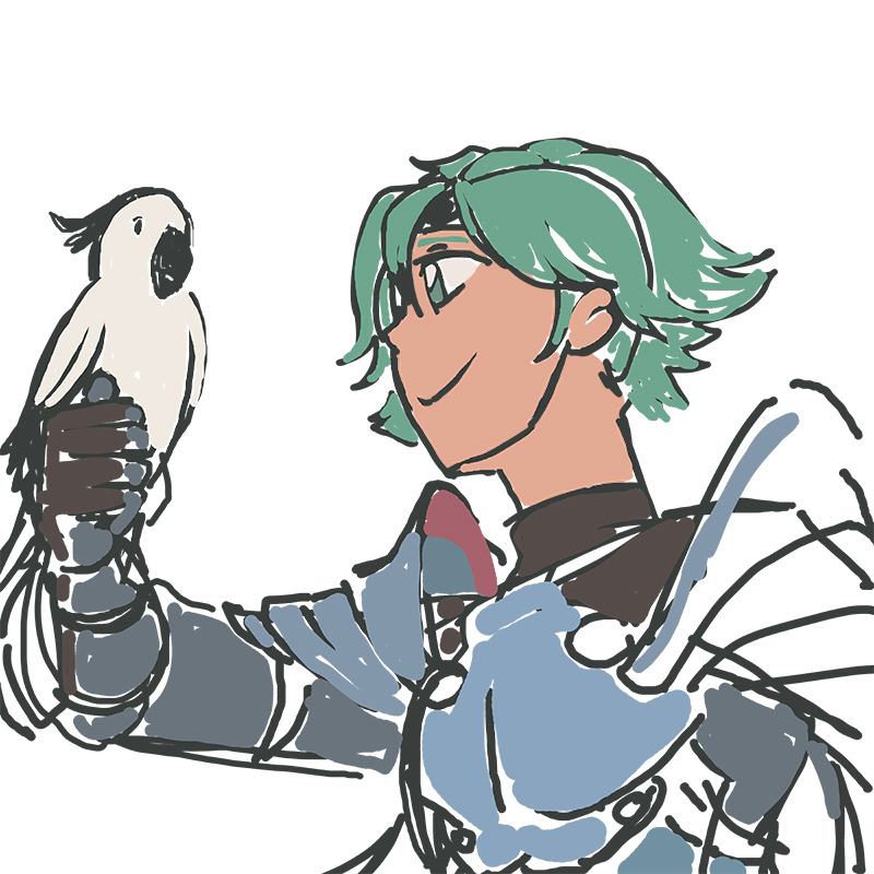davewaterfalls, alm (fire emblem), fire emblem, fire emblem echoes: shadows of valentia, nintendo, 1boy, armor, bird, cape, cockatoo, green eyes, green hair, simple background, sketch, solo