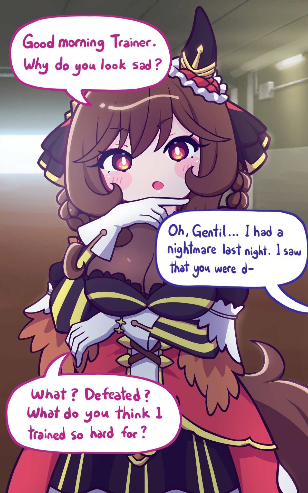 aya chan1221, gentildonna (regina dei fiori) (umamusume), gentildonna (umamusume), umamusume, commentary, english commentary, highres, 1girl, animal ears, bare shoulders, black dress, blush, blush stickers, braid, braided hair rings, breasts, brown hair, cleavage, corset, detached sleeves, dress, ear covers, ear ornament, english text, gloves, hair between eyes, hair ornament, hair rings, heart-shaped ornament, heart ear ornament, horse ears, horse girl, horse tail, large breasts, long hair, looking at viewer, open mouth, red corset, red eyes, see-through cleavage, see-through clothes, solo, speech bubble, tail, white gloves