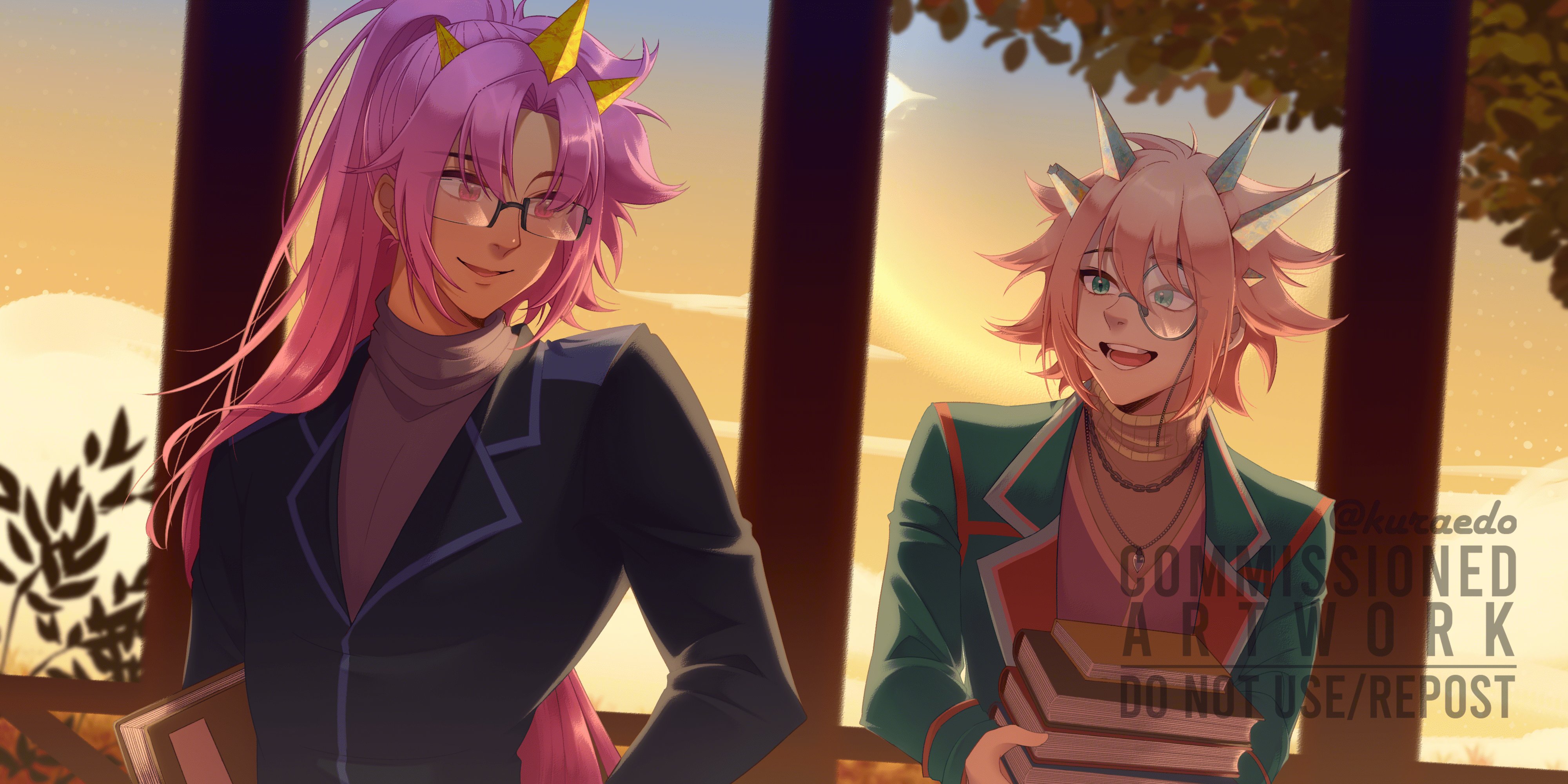 kuraedo, original, absurdres, commentary, commission, english commentary, highres, vgen commission, 2boys, black jacket, blue eyes, book, glasses, green jacket, hair between eyes, holding, holding book, horns, jacket, long hair, looking at another, male focus, monocle, multiple boys, nose, open mouth, parted bangs, pink eyes, pink hair, short hair, smile, watermark