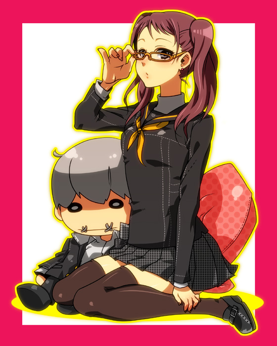 uroko (265), kujikawa rise, narukami yu, atlus, persona, persona 4, bad id, bad pixiv id, 1girl, blush, border, brown eyes, character doll, doll, earrings, glasses, grey hair, jewelry, red border, red hair, school uniform, short hair, sitting, skirt, thighhighs, twintails, uroko (pixiv)