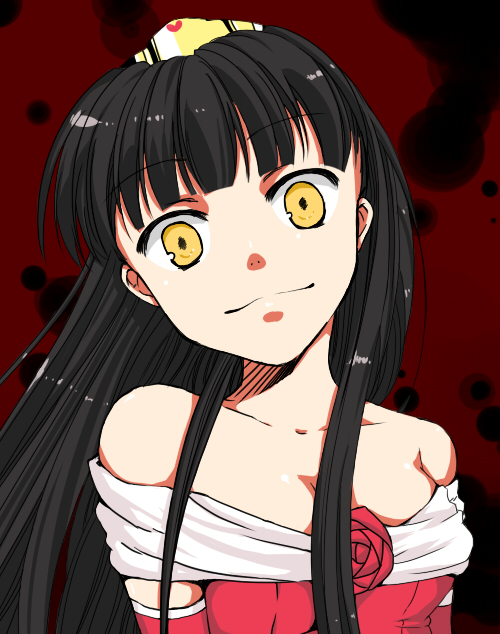 ako, ako (so crazy!?), amagi yukiko, shadow (persona), shadow yukiko, atlus, megami tensei, persona, persona 4, shin megami tensei, 1girl, bare shoulders, black hair, breasts, crazy eyes, dress, female focus, hairband, head tilt, long hair, smile, solo, tiara, yandere, yellow eyes