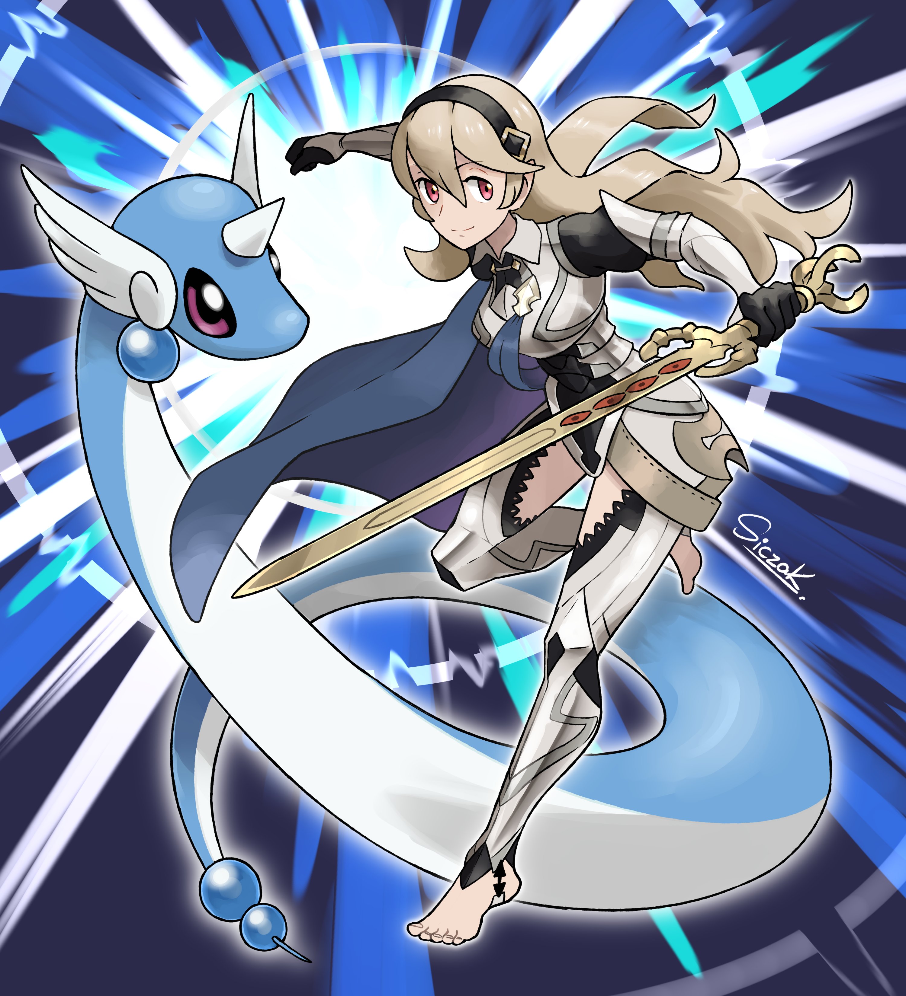 siczak, dragonair, female corrin (fire emblem), fire emblem, fire emblem fates, nintendo, pokemon, absurdres, commentary, english commentary, highres, 1girl, armor, armored leotard, black gloves, black hairband, blue cape, breasts, cape, closed mouth, dragon, gen 1 pokemon, gloves, grey hair, hair between eyes, hairband, head wings, holding, holding sword, holding weapon, horns, leotard, long hair, looking at viewer, medium breasts, pointy ears, pokemon (creature), red eyes, single horn, smile, sword, tail, thighs, weapon, wings, yato (fire emblem)