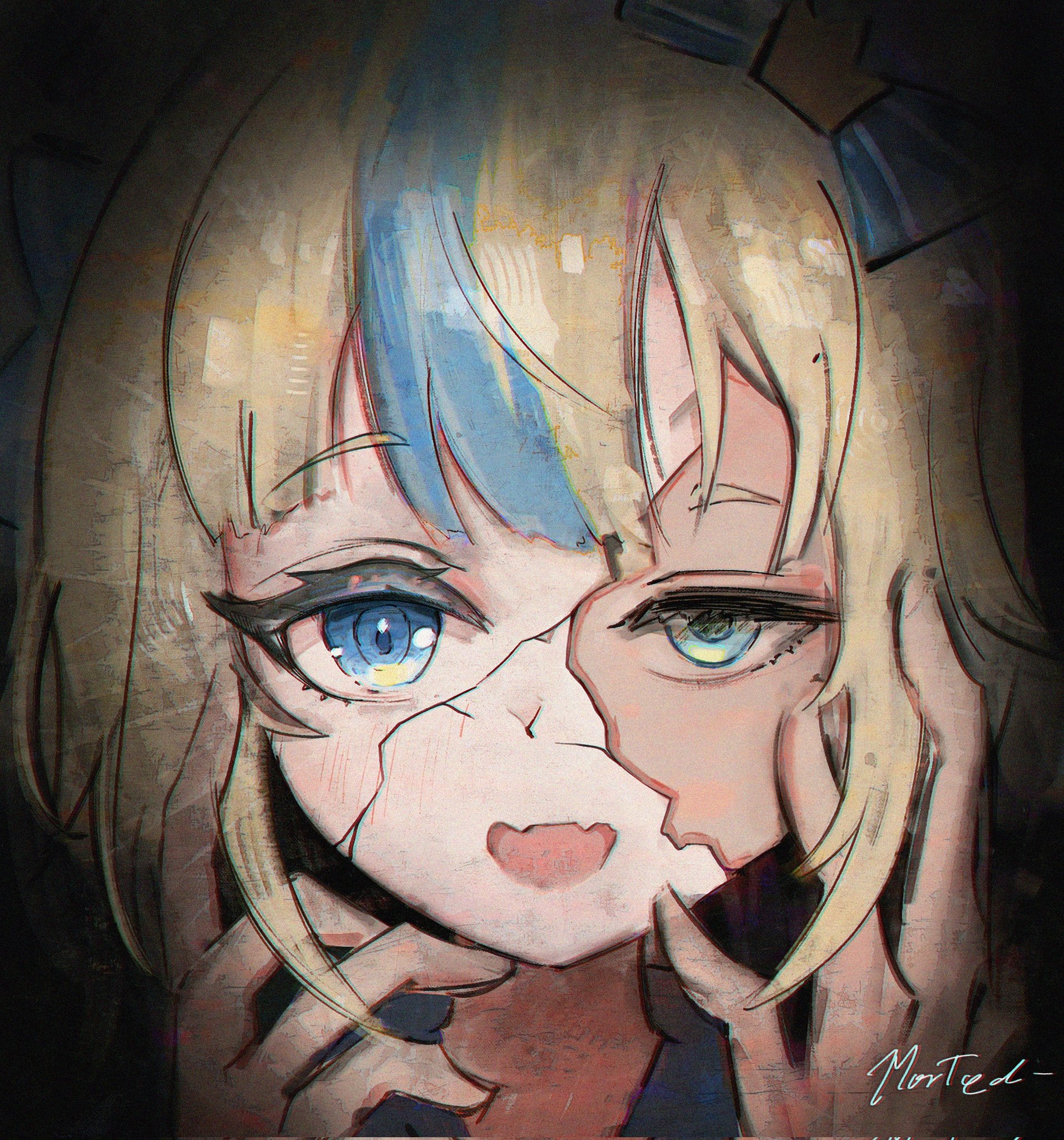 sameko saba, indie virtual youtuber, commentary, english commentary, highres, 1girl, blonde hair, blue bow, blue eyes, blue streaks, blunt bangs, bow, broken mask, cracked kawaii mask, cracked mask, fangs, hair bow, hands on own face, looking at viewer, mask, morted art, multicolored hair, open mouth, skin fangs, solo, streaked hair, virtual youtuber