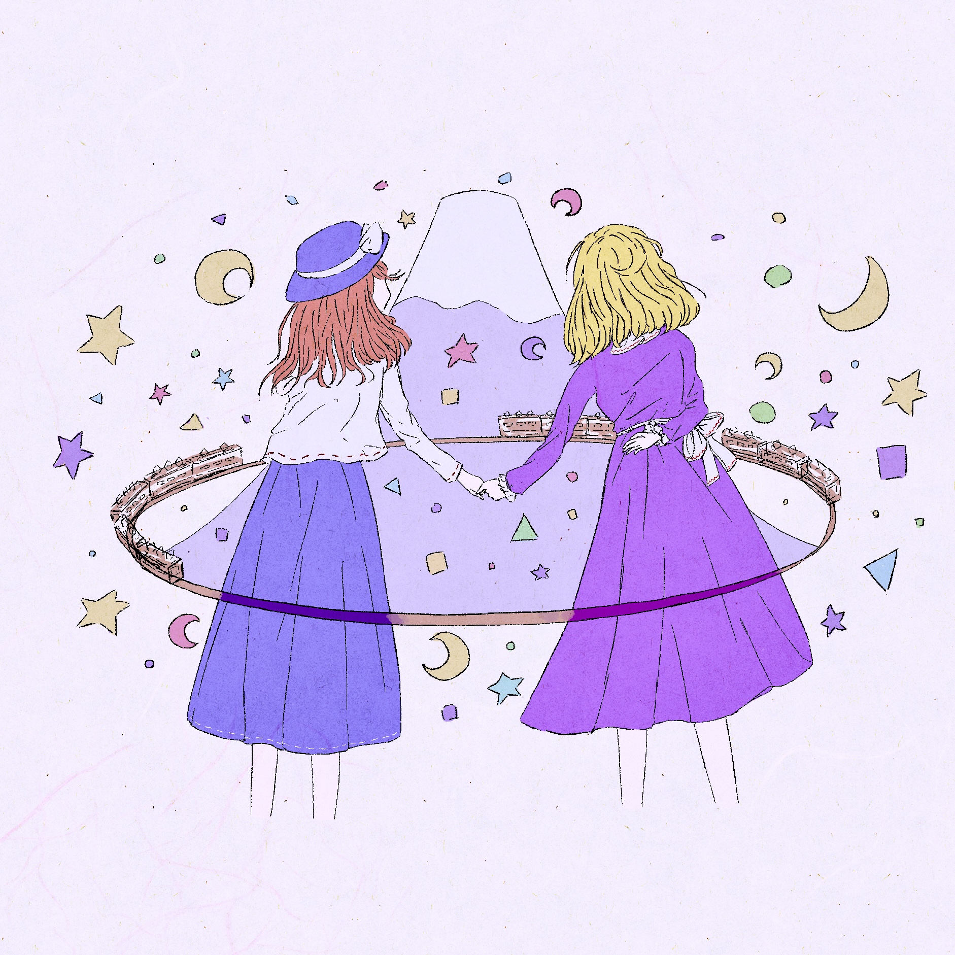 maribel hearn, usami renko, retrospective 53 minutes, touhou, highres, 2girls, arm behind back, black hat, black skirt, blonde hair, blue background, bow, brown hair, chinese clothes, circle, collared dress, crescent, dress, from behind, fushianatan, hand on own hat, hat, hat bow, holding hands, long sleeves, looking at object, medium hair, mount fuji, mountain, multiple girls, no headwear, purple dress, sash, shirt, skirt, sleeve cuffs, standing, star (symbol), train, triangle, white bow, white sash, white shirt