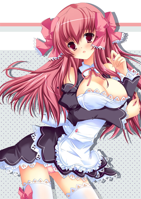 hinata momo, amane (dream c club), dream c club, dream c club (series), bad id, bad pixiv id, 1girl, bow, breasts, detached sleeves, female focus, large breasts, nipples, pink eyes, pink hair, solo, thighhighs, waitress