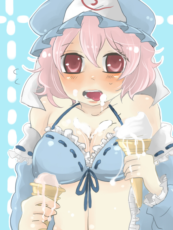 gyokairui, saigyouji yuyuko, touhou, bad id, bad pixiv id, 1girl, blush, breasts, cleavage, female focus, food, hat, ice cream, large breasts, pink hair, red eyes, sexually suggestive, short hair, solo, suggestive fluid