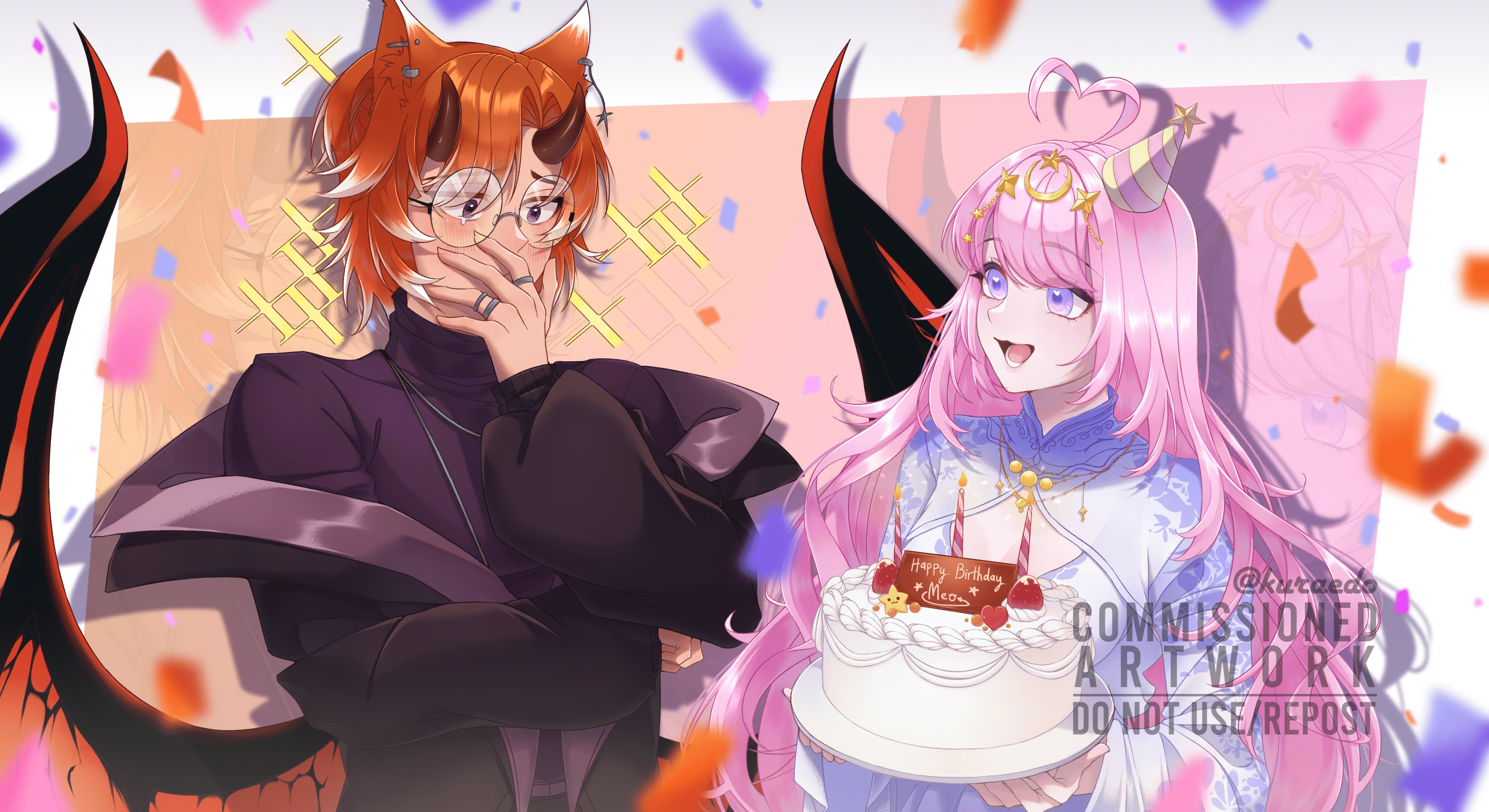 kuraedo, indie virtual youtuber, absurdres, commentary, english commentary, highres, 1boy, 1girl, ahoge, animal ears, black jacket, black shirt, blue dress, blush, cake, confetti, covering own mouth, dress, food, glasses, hair ornament, hand over own mouth, heart, heart ahoge, holding, holding cake, holding food, horns, jacket, jewelry, looking at another, looking at food, meo (vtuber), multiple rings, open mouth, orange hair, pink hair, purple eyes, ring, shirt, smile, swept bangs, virtual youtuber, watermark, wings, yua luna