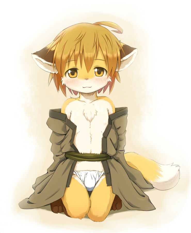 kagerofu, 1boy, :3, ahoge, animal ears, barefoot, bulge, fox ears, fox tail, furry, furry male, japanese clothes, kimono, kneeling, looking at viewer, male focus, shota, simple background, sitting, smile, solo, tail, trap, yellow eyes