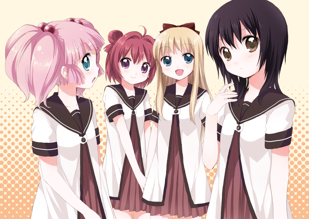 namori, akaza akari, funami yui, toshinou kyouko, yoshikawa chinatsu, original, yuruyuri, 4girls, :d, :o, black hair, blonde hair, blue eyes, bow, brown eyes, double bun, dress, female focus, hair bobbles, hair bow, hair ornament, halftone, halftone background, hand up, long hair, multiple girls, nanamori school uniform, open mouth, pink hair, purple eyes, red bow, red hair, sailor dress, school uniform, serafuku, short hair, short sleeves, smile, twintails