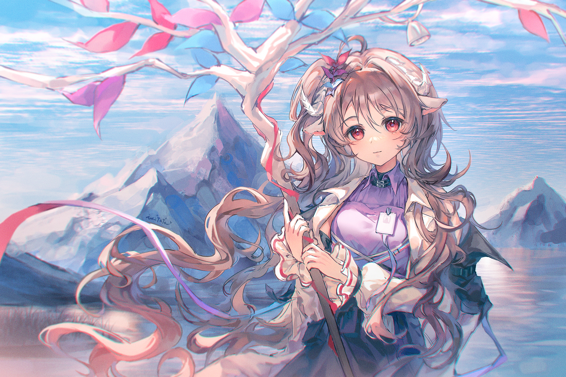 ichitata, eyjafjalla (arknights), eyjafjalla the hvit aska (arknights), arknights, commentary request, highres, 1girl, ahoge, animal ears, black skirt, blue sky, breasts, brown hair, cloud, collared shirt, day, hair intakes, hands up, holding, holding staff, horns, jacket, long hair, long sleeves, looking at viewer, medium breasts, mountain, open clothes, open jacket, outdoors, puffy long sleeves, puffy sleeves, purple shirt, red eyes, sheep ears, sheep girl, sheep horns, shirt, skirt, sky, sleeves past wrists, solo, staff, very long hair, water, white jacket