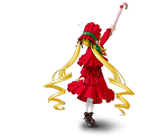 ichikawa masahiro, shinku, rozen maiden, 00s, blonde hair, bonnet, cane, doll, dress, drill hair, frills, from behind, hair ribbon, hat, long hair, outstretched arm, outstretched hand, pantyhose, reaching, ribbon, solo, tiptoes, twintails, very long hair, white pantyhose