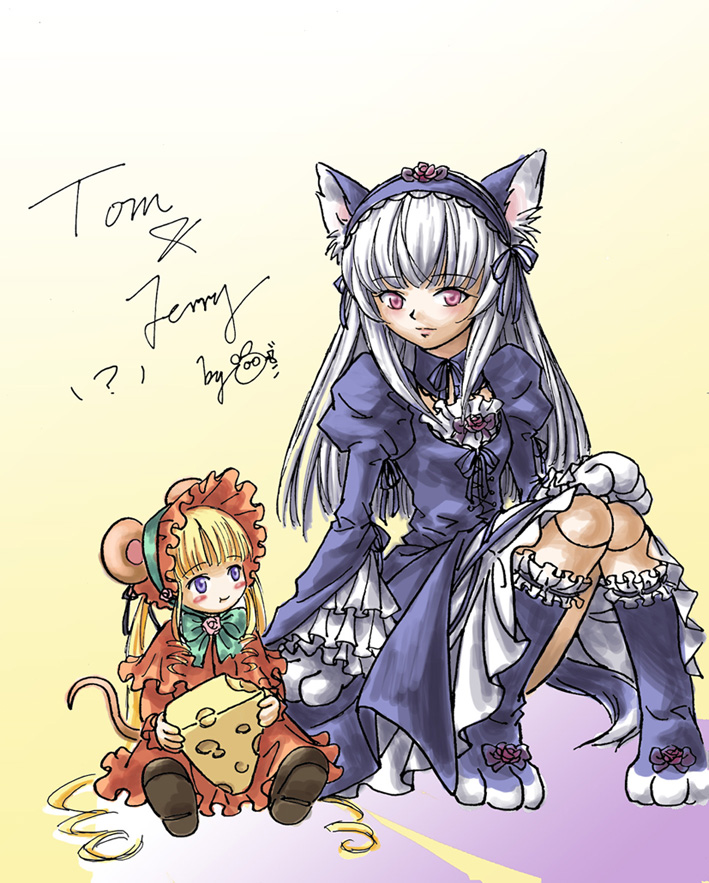 orange541, shinku, suigintou, rozen maiden, eyebrows, bad id, bad pixiv id, animal ears, cat ears, cat tail, cheese, cosplay, doll joints, dress, food, joints, mini person, minigirl, mouse ears, mouse tail, parody, tail