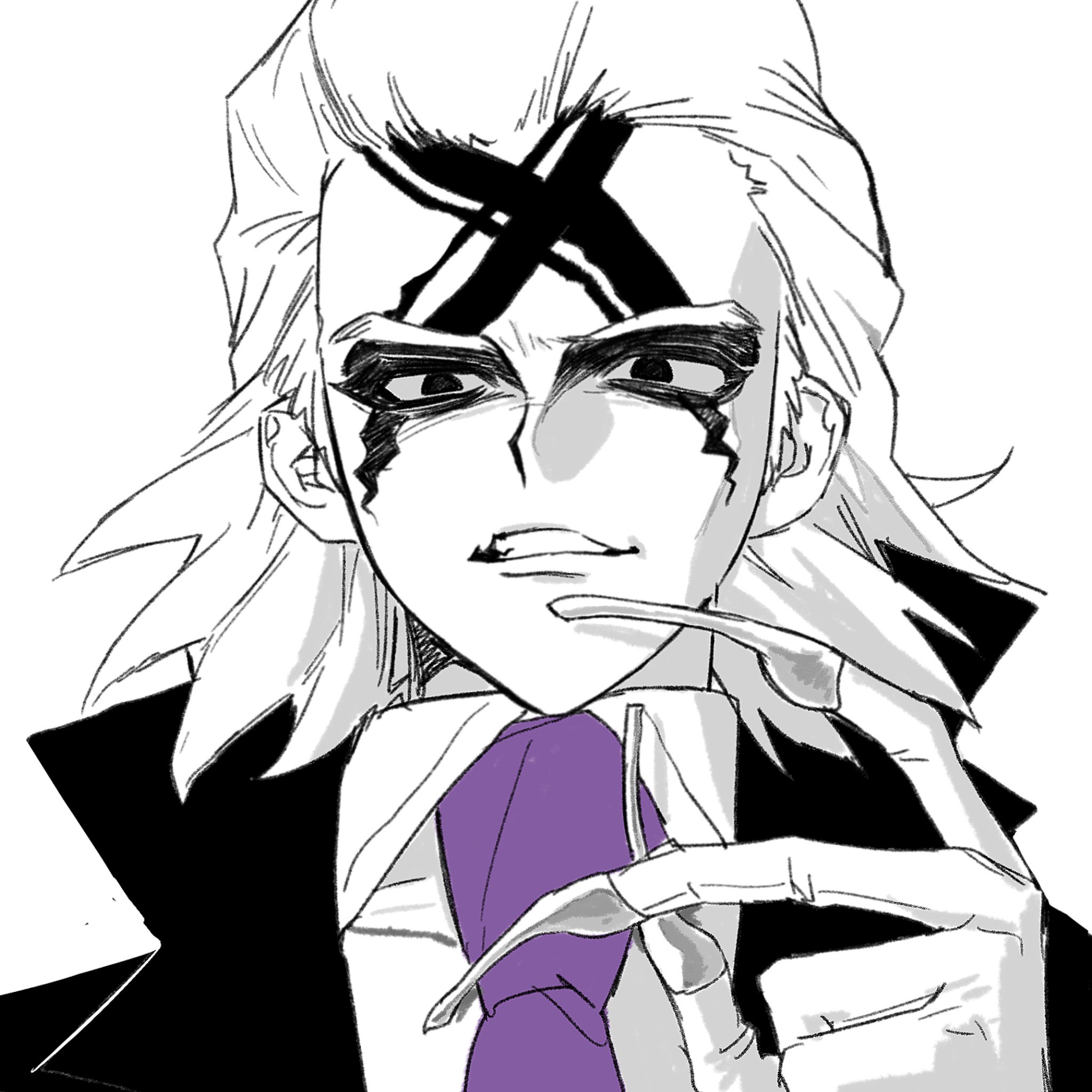 dr. stone, commentary request, highres, 1boy, atuo517, black eyes, claws, clenched teeth, facial mark, hair slicked back, looking at viewer, male focus, monochrome, necktie, serious, shirt, simple background, sketch, smile, solo, spot color, tattoo, teeth, white background, white hair, xeno (dr.stone)