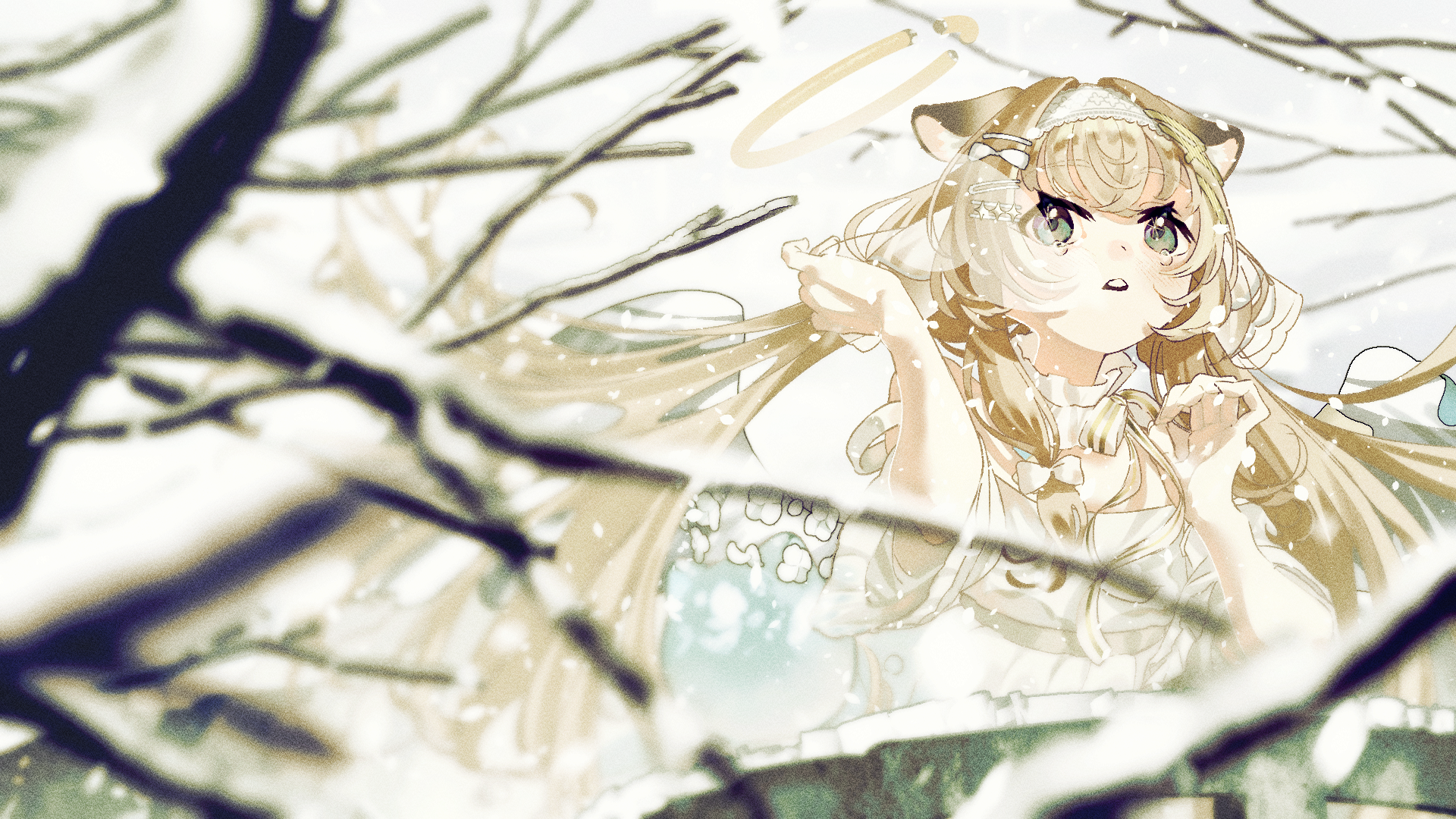 erimaki (erimaki2340061), indie virtual youtuber, character request, commentary, commission, highres, skeb commission, 1girl, animal ears, dress, green eyes, hair ornament, hairclip, halo, long hair, snow, solo, tears, virtual youtuber, white dress