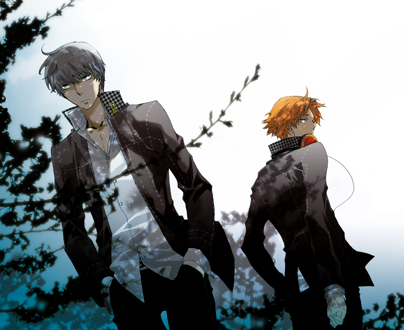 kotobuki toro, hanamura yousuke, narukami yu, atlus, persona, persona 4, bad id, bad pixiv id, 2boys, brown eyes, brown hair, dutch angle, from below, grey eyes, grey hair, headphones, jacket, male focus, multiple boys, popped collar, school uniform, short hair