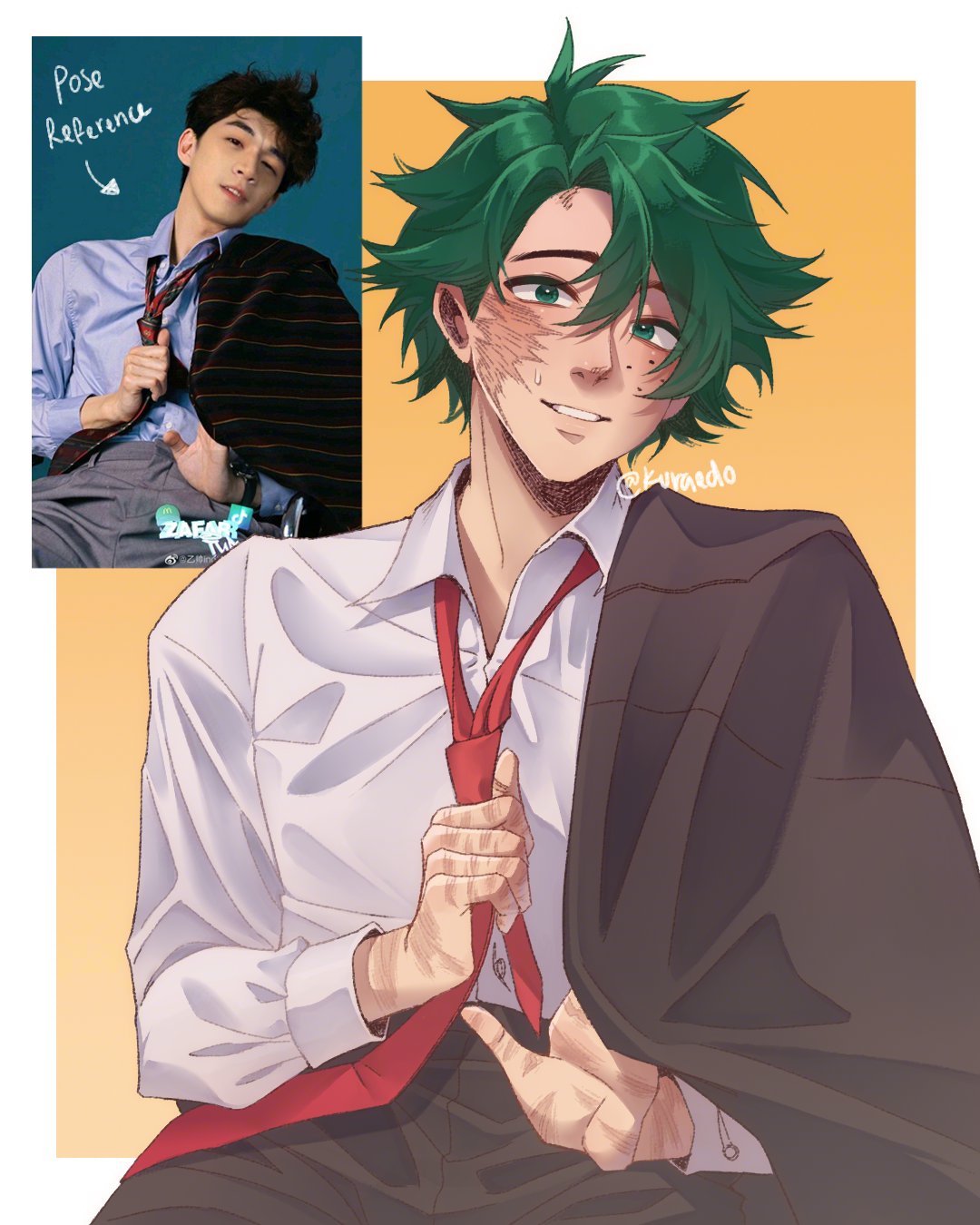 kuraedo, midoriya izuku, boku no hero academia, real life, commentary, english commentary, highres, 2boys, border, brown jacket, clothes grab, collared shirt, cowboy shot, freckles, green eyes, green hair, hair between eyes, jacket, looking at viewer, male focus, multiple boys, necktie, necktie grab, neckwear grab, outside border, parted hair, photo inset, red necktie, reference inset, scar, scar on face, scar on hand, shirt, short hair, smile, solo focus, white border, white shirt, yellow background