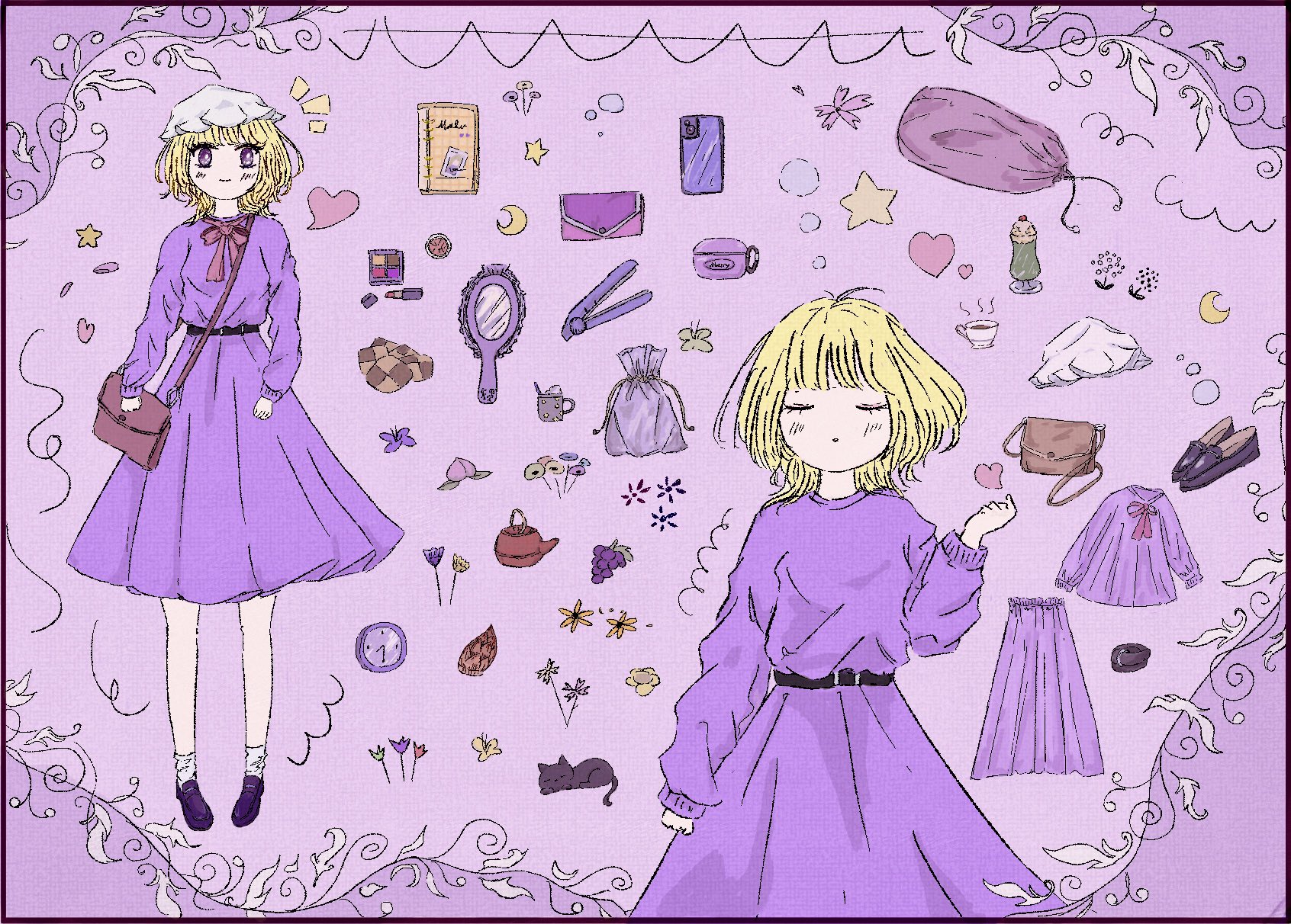 maribel hearn, touhou, flower request, highres, 1girl, :o, bag, bamboo shoot, belt, black belt, black cat, black shoes, blonde hair, blush, book, bow, bowtie, brown bag, cat, cellphone, clock, closed eyes, closed mouth, dress, flower, food, fruit, fushianatan, grapes, handbag, hat, heart, long sleeves, makeup, mob cap, notice lines, open mouth, peach, phone, purple bag, purple bow, purple bowtie, purple dress, purple eyes, shirt, shoes, short hair, skirt, smartphone, smile, solo, squiggle, star (symbol), teapot, wallet, white hat