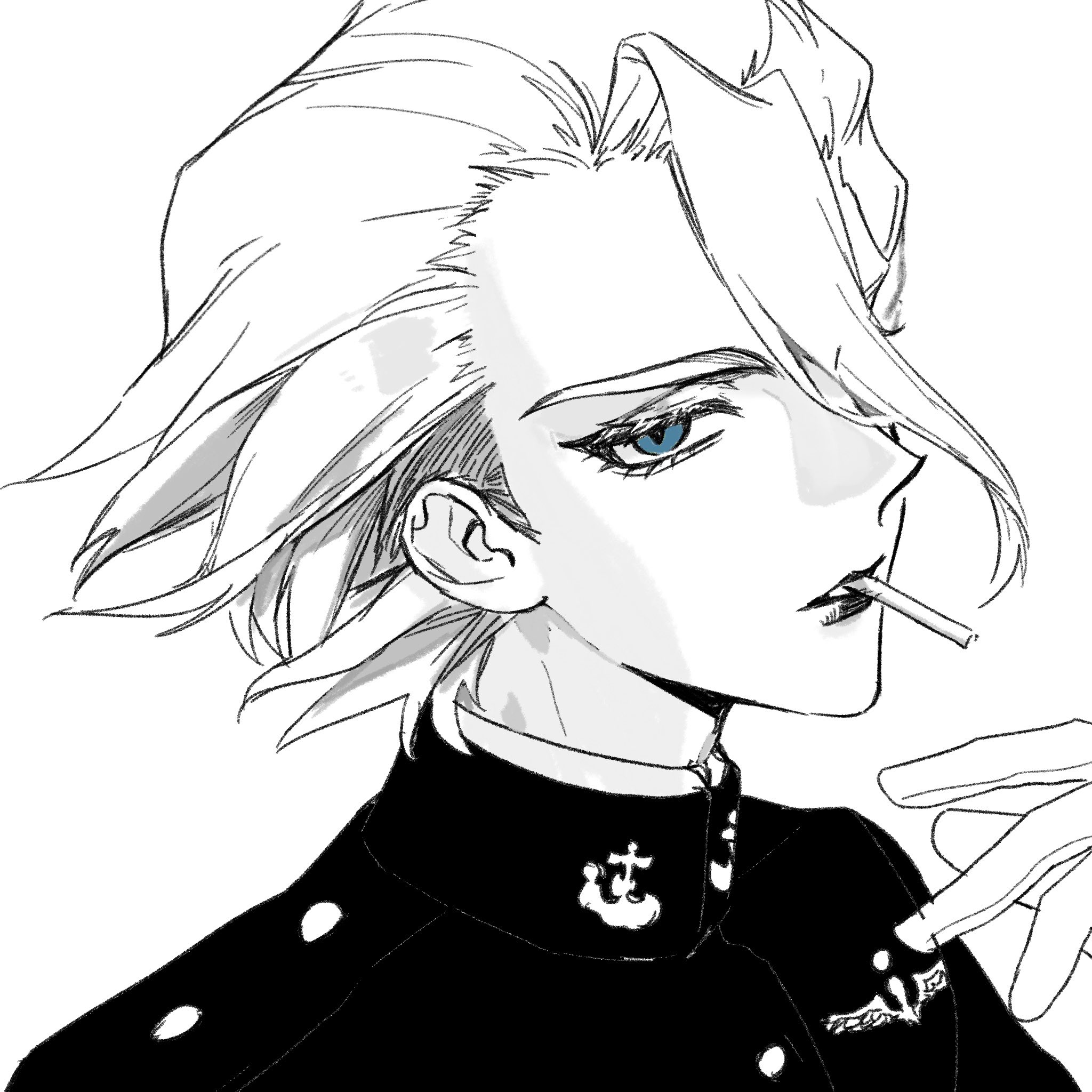 dr. stone, commentary request, highres, 1boy, atuo517, bishounen, blue eyes, cigarette, from side, gakuran, gloves, greyscale, hair between eyes, hair over one eye, looking at viewer, makeup, male focus, monochrome, mouth hold, portrait, school uniform, short hair, simple background, smoking, smoking pipe, solo, spot color, stanley snyder (dr.stone)