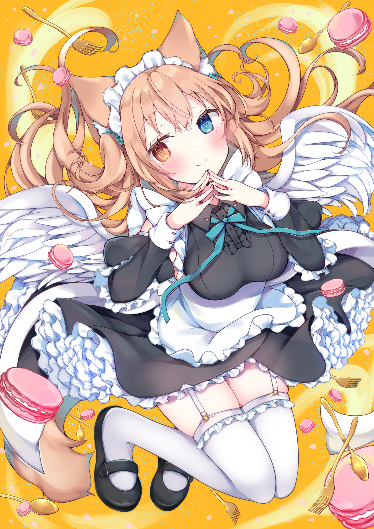satsuki mayuri, original, commentary request, highres, 1girl, animal ear fluff, animal ears, apron, black dress, blonde hair, blue eyes, breasts, brown eyes, cat ears, cat tail, dress, feathered wings, food, fork, frilled apron, frills, garter straps, heterochromia, macaron, maid, maid headdress, medium breasts, smile, spoon, tail, thighhighs, white apron, white thighhighs, wings