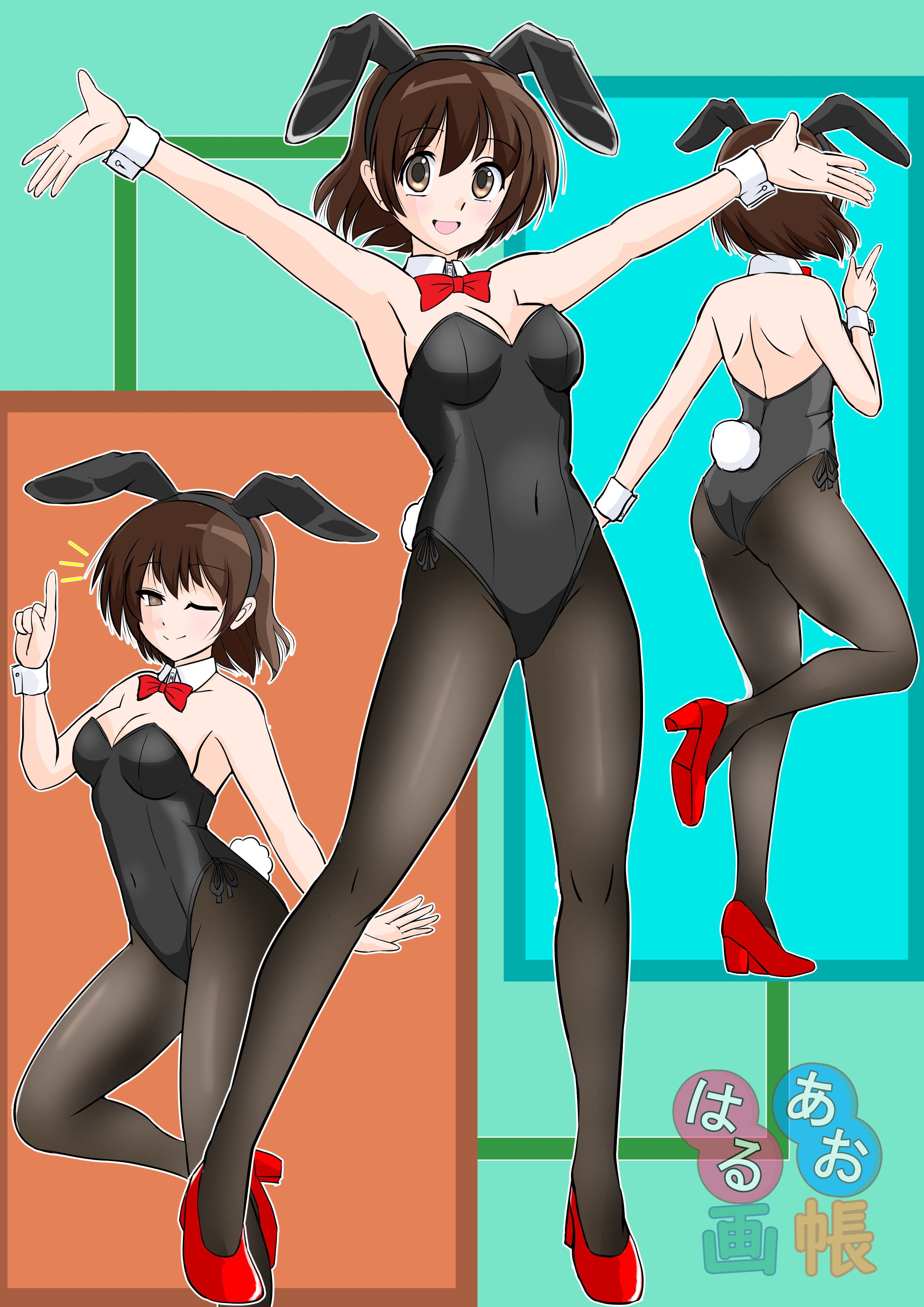 kunounaoki, original, absurdres, commentary request, highres, 1girl, animal ear hairband, animal ears, artist logo, back cutout, black leotard, black pantyhose, bow, bowtie, breasts, brown eyes, brown hair, cleavage, clothing cutout, covered navel, detached collar, fake animal ears, fake tail, from behind, hairband, index finger raised, leotard, logo, looking at viewer, multiple views, one eye closed, open mouth, pantyhose, playboy bunny, rabbit ear hairband, rabbit ears, rabbit tail, red bow, red bowtie, red shoes, shoes, short hair, standing, standing on one leg, strapless, strapless leotard, tail, white wrist cuffs, wrist cuffs