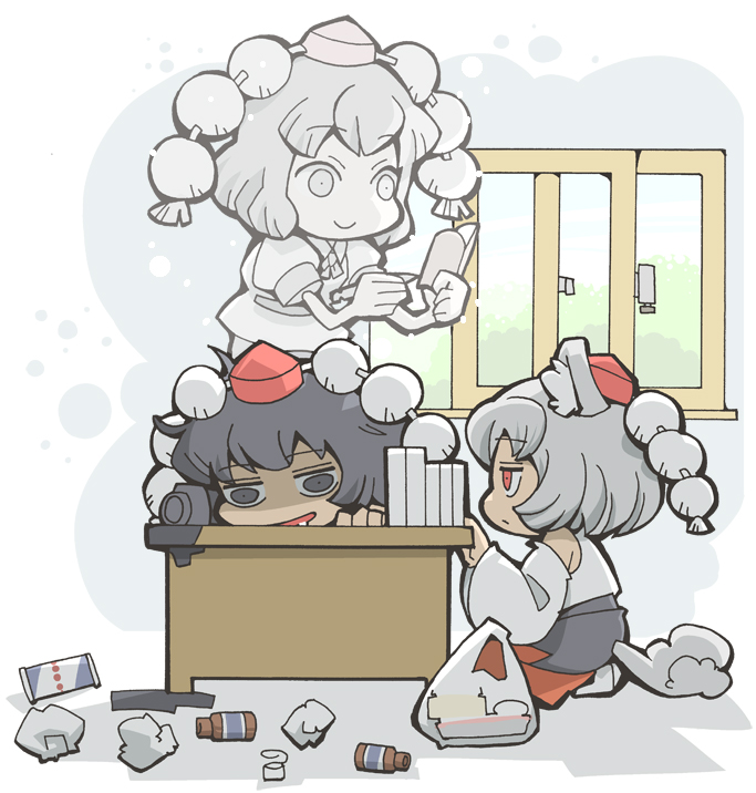 hounori, inubashiri momiji, shameimaru aya, touhou, bad id, bad pixiv id, 2girls, bottle, desk, energy drink, female focus, ghost, giving up the ghost, hat, multiple girls, tokin hat, trash, window