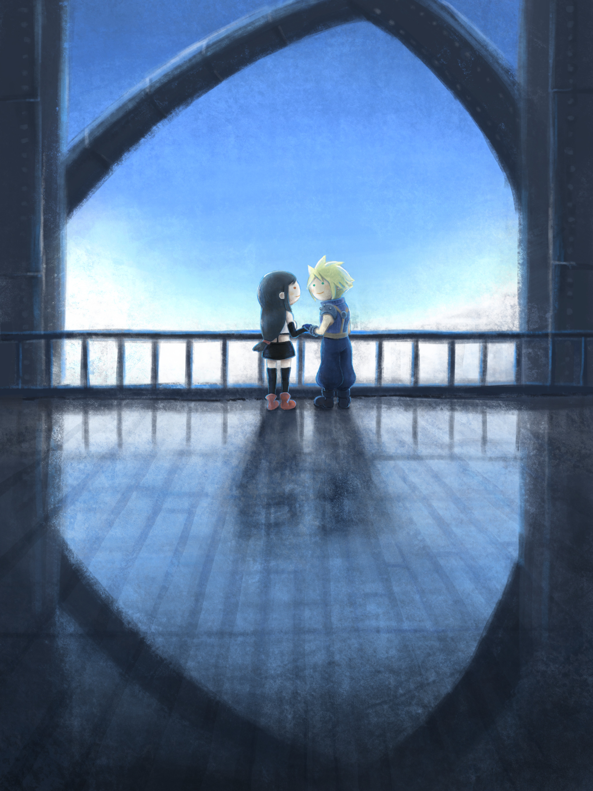 cloud strife, tifa lockhart, final fantasy, final fantasy vii, final fantasy vii remake, absurdres, commentary request, highres, 1boy, 1girl, armor, baggy pants, black gloves, black hair, black skirt, black thighhighs, blonde hair, blue eyes, blue pants, blue sky, blue sweater, blush, boots, cairn09, closed mouth, cloud, cloudy sky, crop top, elbow gloves, from behind, full body, gloves, highwind, long hair, looking at another, low-tied long hair, miniskirt, pants, railing, red boots, red eyes, reflective floor, short hair, shoulder armor, skirt, sky, sleeveless, sleeveless turtleneck, smile, spiked hair, standing, sweater, tank top, thighhighs, turtleneck, turtleneck sweater, white tank top, zettai ryouiki