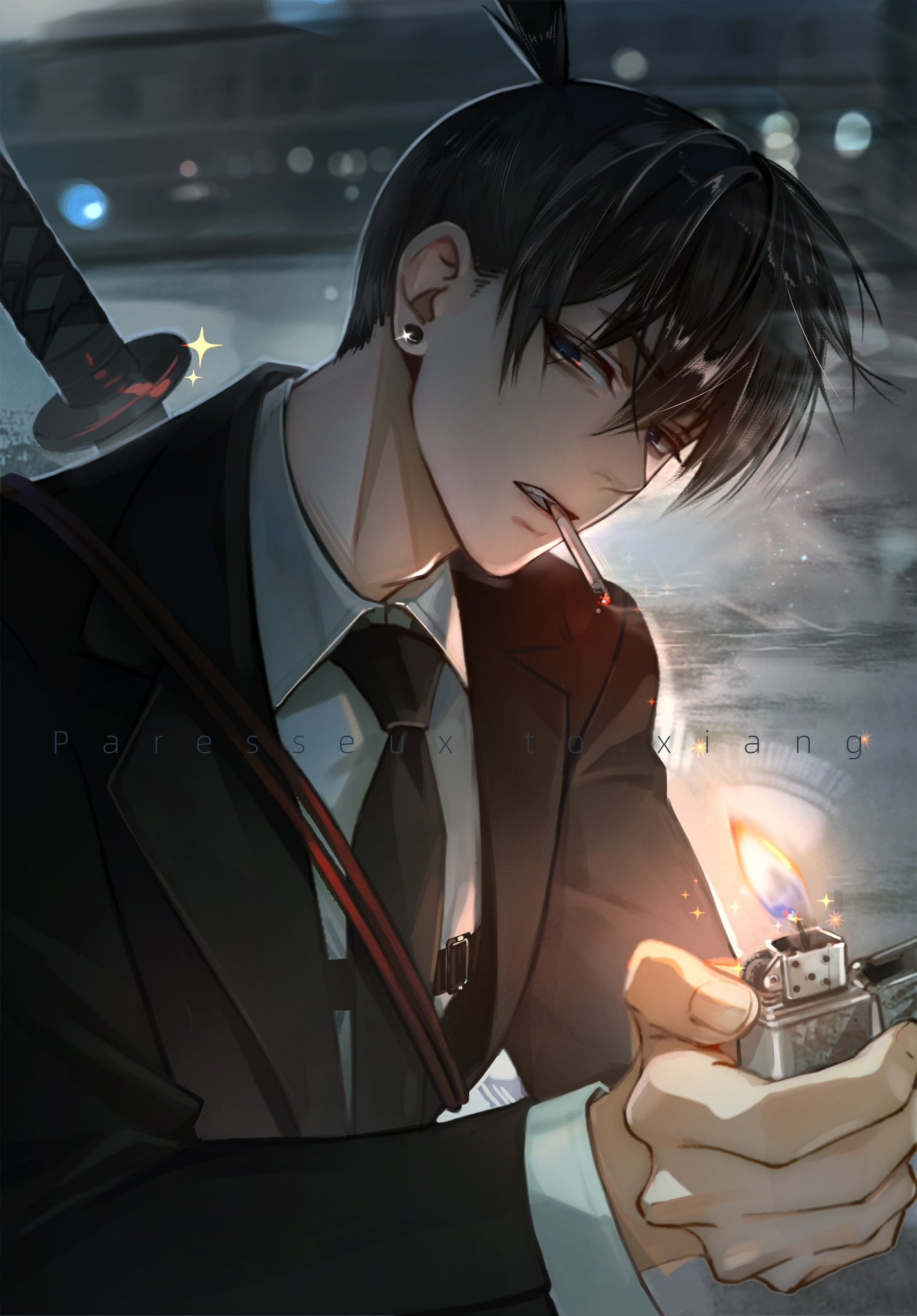 hayakawa aki, chainsaw man, highres, 1boy, artist name, black hair, black jacket, black necktie, cigarette, collared shirt, earrings, holding, holding lighter, jacket, jewelry, lighter, looking at viewer, male focus, mouth hold, necktie, paresseux 0 0, shirt, short hair, solo, suit jacket, topknot, upper body, weapon, weapon on back, white shirt