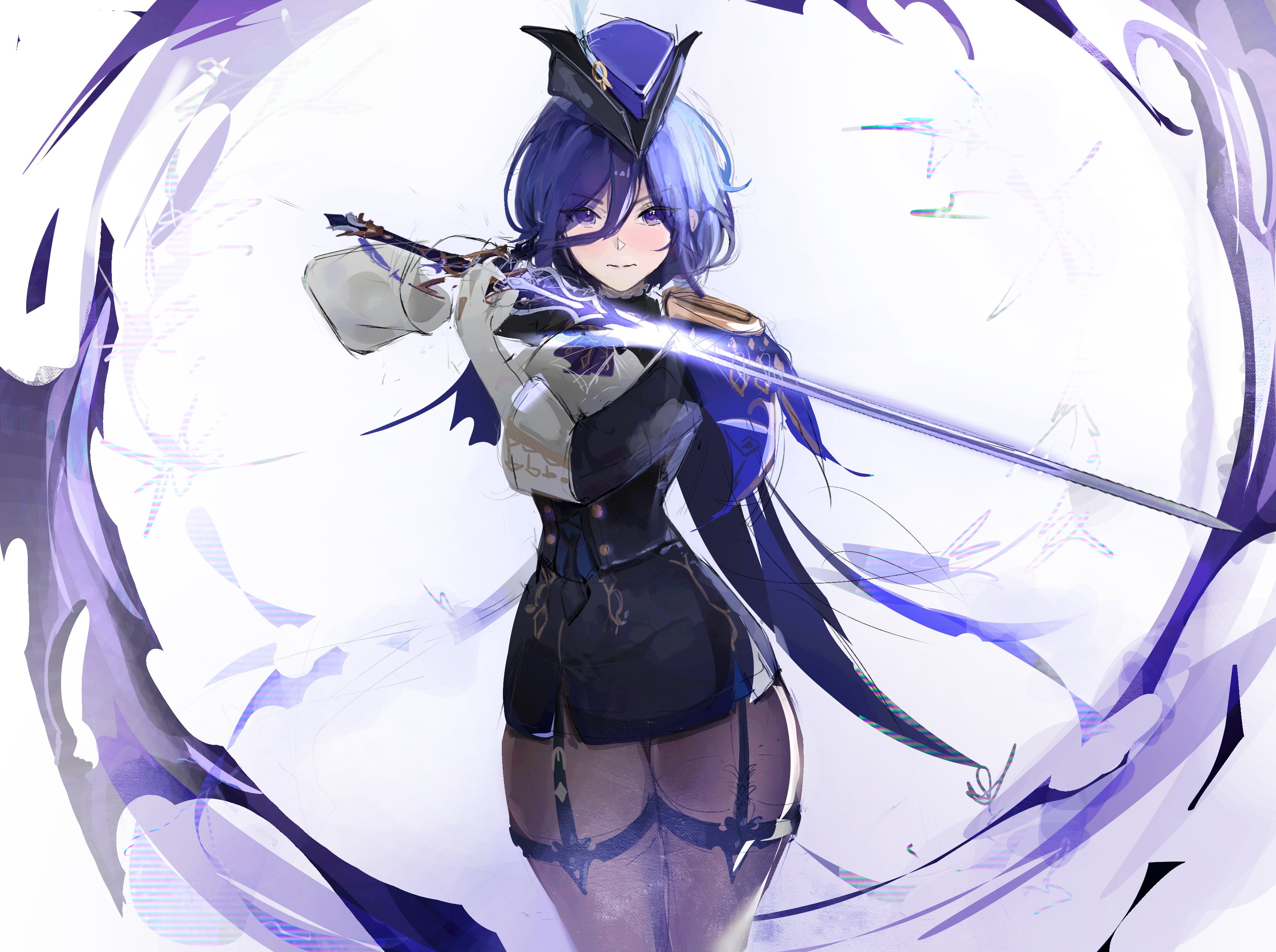 kuwae g, clorinde (genshin impact), genshin impact, absurdres, commentary, english commentary, highres, 1girl, absolution (genshin impact), ascot, black corset, black pantyhose, blue cape, blue hair, breasts, button gap, cape, closed mouth, corset, epaulettes, fighting stance, fold-over gloves, framed breasts, hair between eyes, hat, hat feather, holding, holding sword, holding weapon, large breasts, long hair between eyes, looking at viewer, pantyhose, pencil skirt, purple ascot, purple eyes, shirt, simple background, skirt, solo, sword, taut clothes, taut shirt, thigh strap, tricorne, weapon, white background