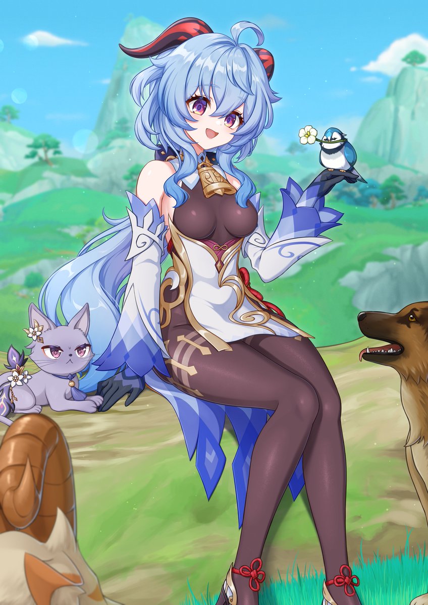 watayoshi (suiiho), ganyu (genshin impact), keqing (genshin impact), genshin impact, commentary request, 1girl, bare shoulders, bird, blue hair, bodystocking, breasts, cat, detached sleeves, dog, dress, goat, goat horns, horns, large breasts, log, open mouth, pantyhose, ponytail, purple eyes, sitting, smile, sweet flower, white dress
