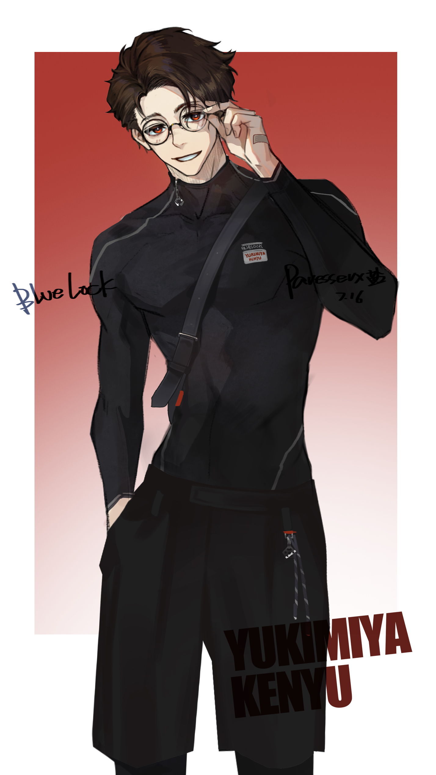 yukimiya kenyu, blue lock, absurdres, hashtag-only commentary, highres, 1boy, artist name, black shorts, border, brown hair, character name, compression shirt, compression sleeve, copyright name, dated, glasses, gradient background, looking at viewer, male focus, outside border, paresseux 0 0, red background, red eyes, round eyewear, short hair, shorts, solo, teeth, white border, zipper, zipper pull tab