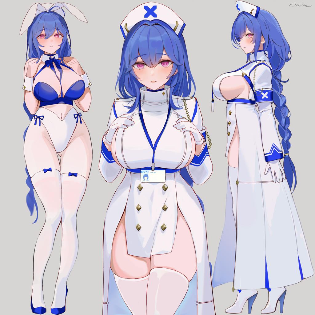 chowbie, original, commentary, english commentary, 1girl, ahoge, animal ears, armband, blue armband, blue hair, braid, braided ponytail, breasts, double-parted bangs, fake animal ears, full body, gloves, grey background, hat, lanyard, large breasts, long hair, looking at viewer, multiple views, nontraditional playboy bunny, nurse, nurse cap, purple eyes, rabbit ears, signature, simple background, skindentation, thighhighs, very long hair, white gloves, white thighhighs, zettai ryouiki