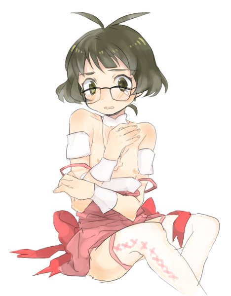 akizuki ryo, idolmaster, idolmaster dearly stars, 00s, 1boy, antenna hair, brown hair, crossdressing, crossdressing (mtf), cute & girly (idolmaster), dress, embarrassed, glasses, male focus, nipples, solo, tears, thighhighs, trap
