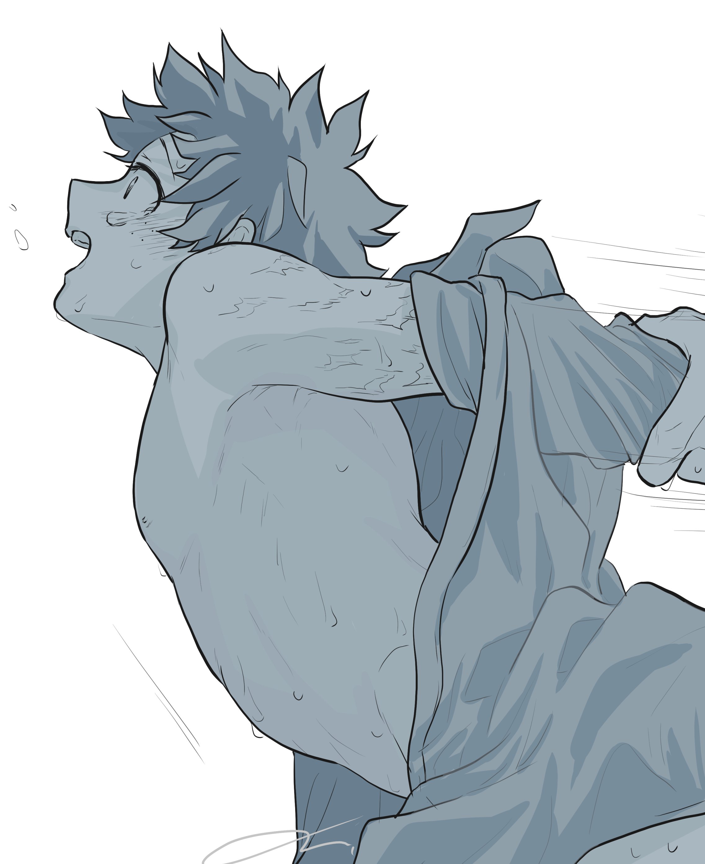 oroshi mi, midoriya izuku, boku no hero academia, absurdres, highres, freckles, grabbing another's arm, implied sex, male focus, monochrome, multiple boys, open clothes, open mouth, out of frame, profile, scar, sex, sex from behind, short hair, solo focus, upper body, white background, yaoi