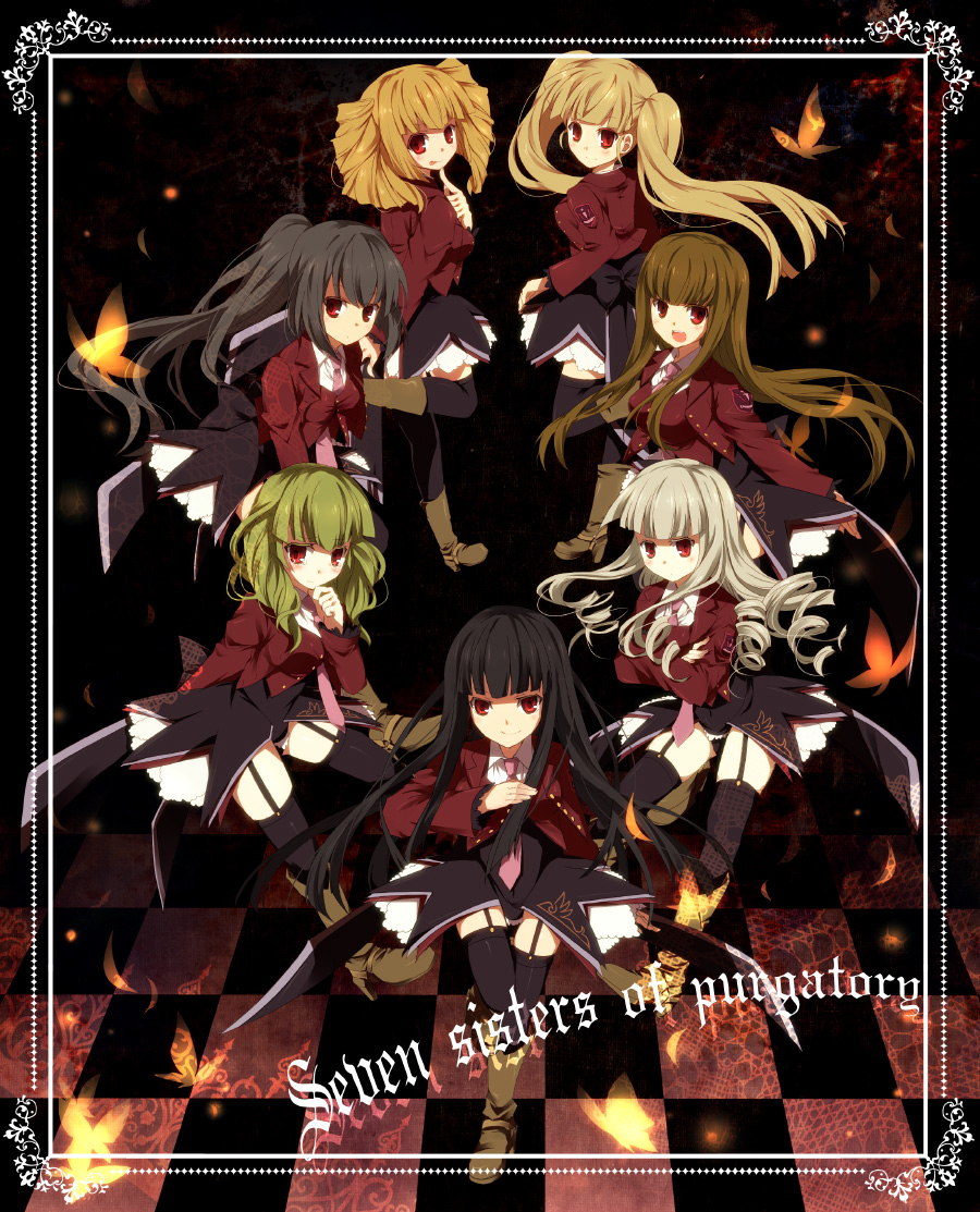 suzushiro kurumi, asmodeus (umineko), beelzebub (umineko), belphegor (umineko), leviathan (umineko), lucifer (umineko), mammon (umineko), satan (umineko), stakes of purgatory, umineko no naku koro ni, 00s, 6+girls, black hair, brown hair, green hair, long hair, multiple girls, necktie, pink necktie, ponytail, red eyes, thighhighs, twintails