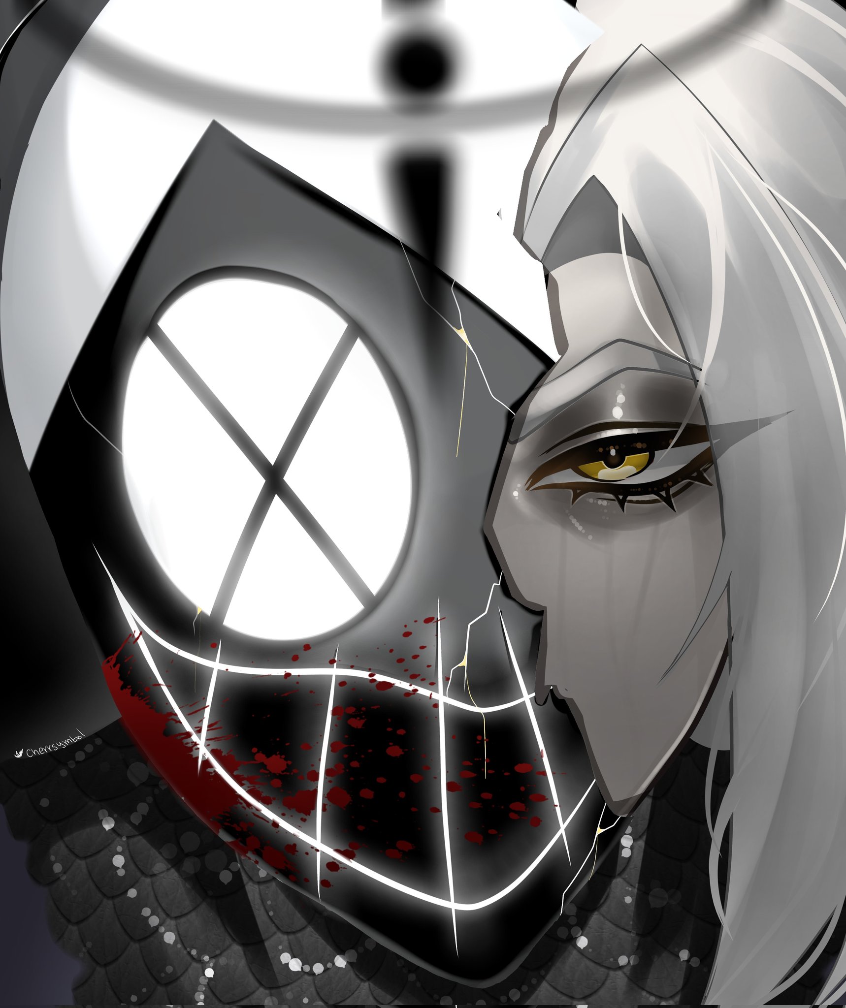 lute (hazbin hotel), hazbin hotel, hellaverse, commentary, english commentary, highres, 1girl, cherrsymbol, cracked kawaii mask, cracked mask, grey hair, looking at viewer, mask, portrait, short hair, solo, white hair, yellow eyes