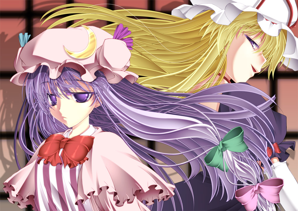 iganseijin, patchouli knowledge, yakumo yukari, touhou, 2girls, blonde hair, female focus, hat, long hair, multiple girls, purple eyes, purple hair, upper body