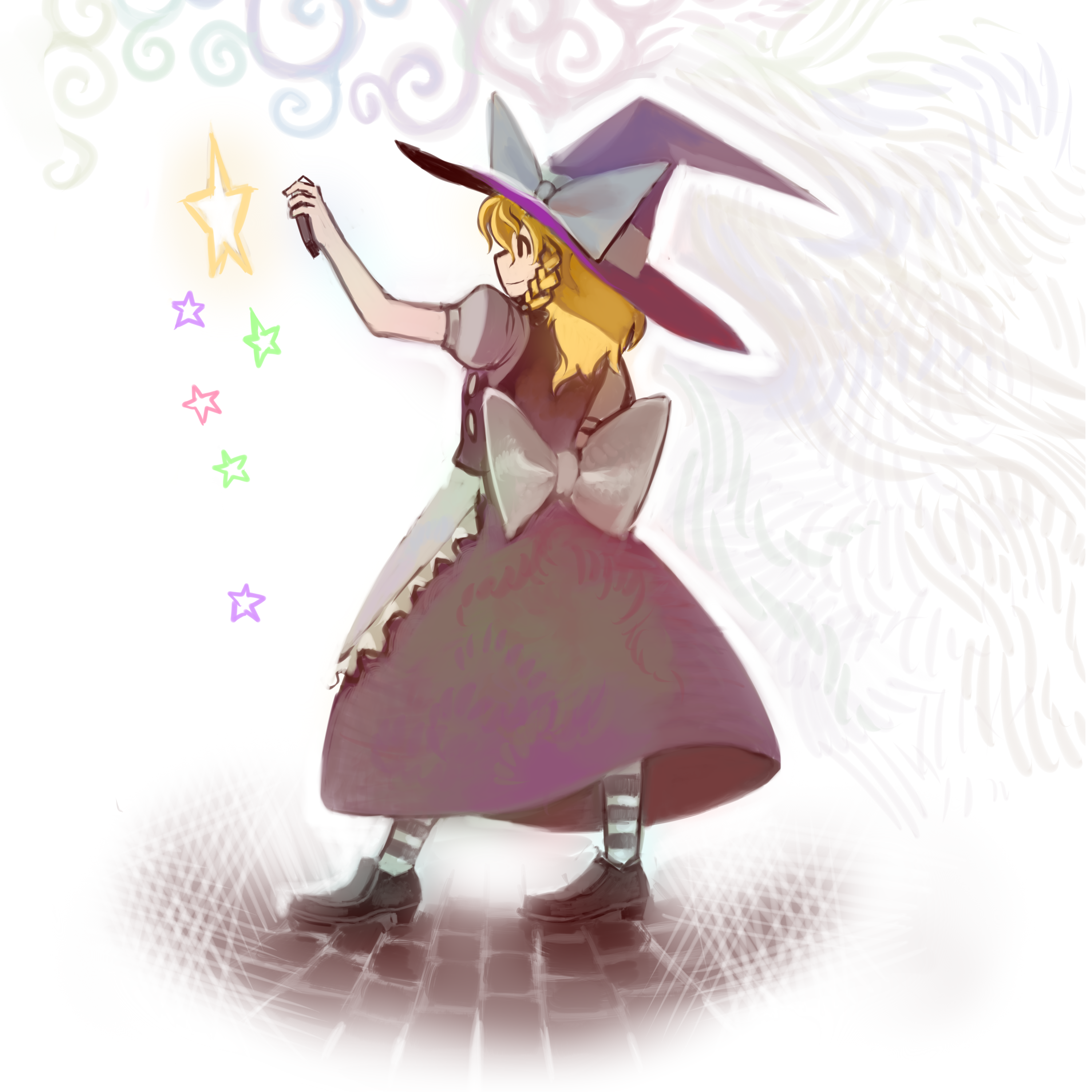asakawa remon, kirisame marisa, touhou, absurdres, highres, 1girl, blonde hair, braid, female focus, hat, loafers, shoes, socks, solo, star (symbol), striped clothes, striped socks, witch, witch hat