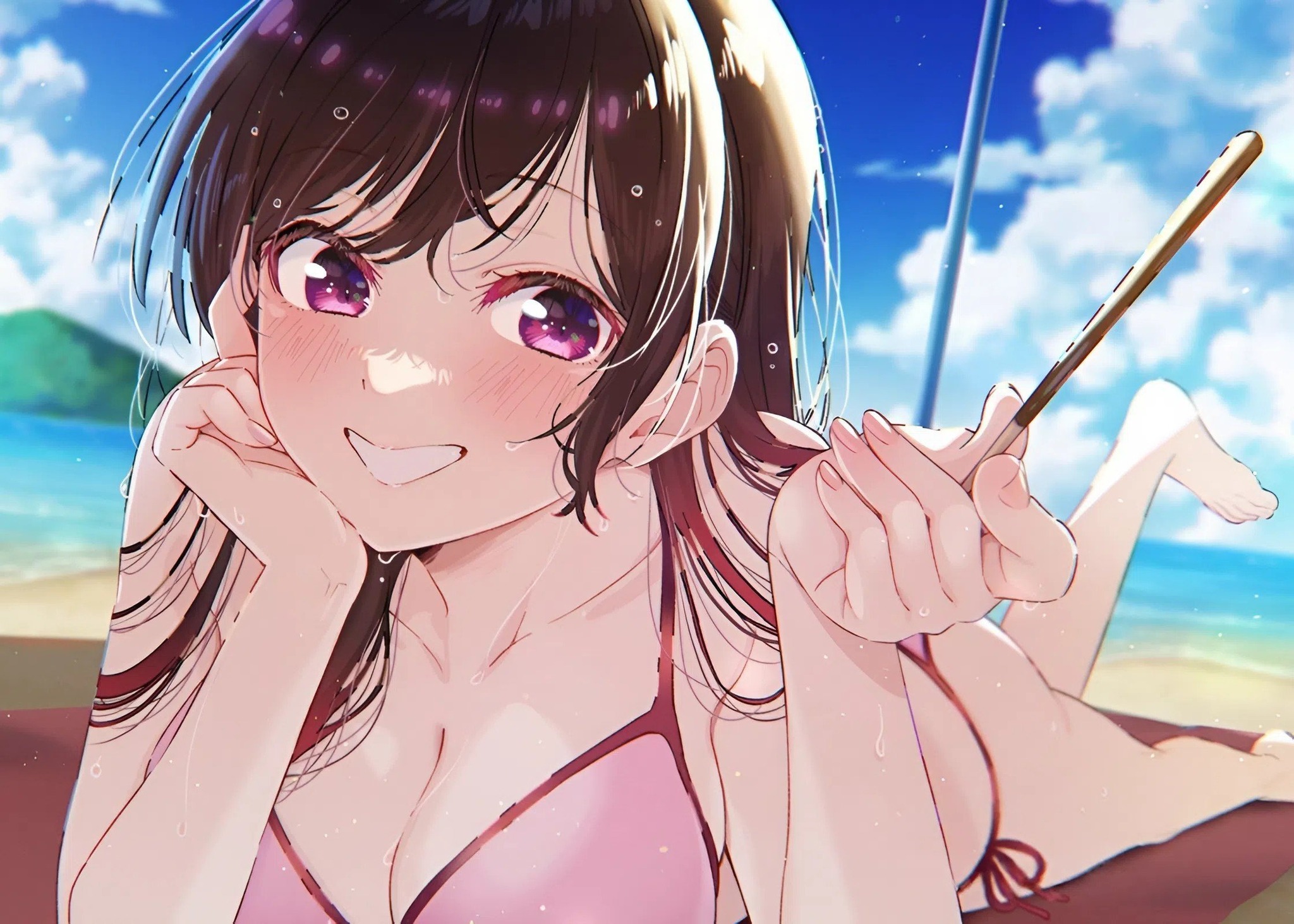 hirayama kanna, mizuhara chizuru, kanojo okarishimasu, highres, official art, 1girl, barefoot, beach, bikini, blurry, blurry background, breasts, brown hair, cleavage, cloud, cloudy sky, fingernails, food, halterneck, holding, large breasts, long hair, looking at viewer, lying, mountain, ocean, on stomach, outdoors, pink bikini, pocky, purple eyes, side-tie bikini bottom, sky, smile, solo, string bikini, summer, swimsuit, wet, wet hair