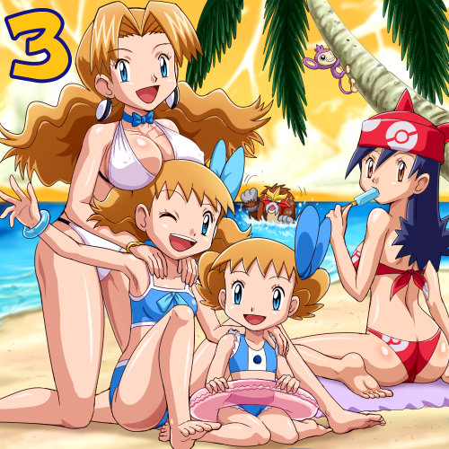 pokemoa, aipom, entei, lisa (pokemon), molly hale, nintendo, pokemon, pokemon (anime), pokemon (classic anime), pokemon 3: the movie – spell of the unown: entei, lowres, 4girls, age comparison, age progression, aged down, aged up, armpits, ass, bandana, barefoot, beach, bikini, blonde hair, blue eyes, blue hair, bow, bow choker, bracelet, breast rest, breasts, breasts on head, brown eyes, butt crack, cameltoe, choker, cleavage, collar, covered erect nipples, feet, food, from behind, gen 2 pokemon, hair ornament, happy, ice cream, innertube, jewelry, kneeling, large breasts, legendary pokemon, long hair, looking back, multiple girls, multiple persona, orange eyes, palm tree, pokemon (creature), popsicle, short hair, sitting, size difference, swim ring, swimsuit, tankini, time paradox, tree, water