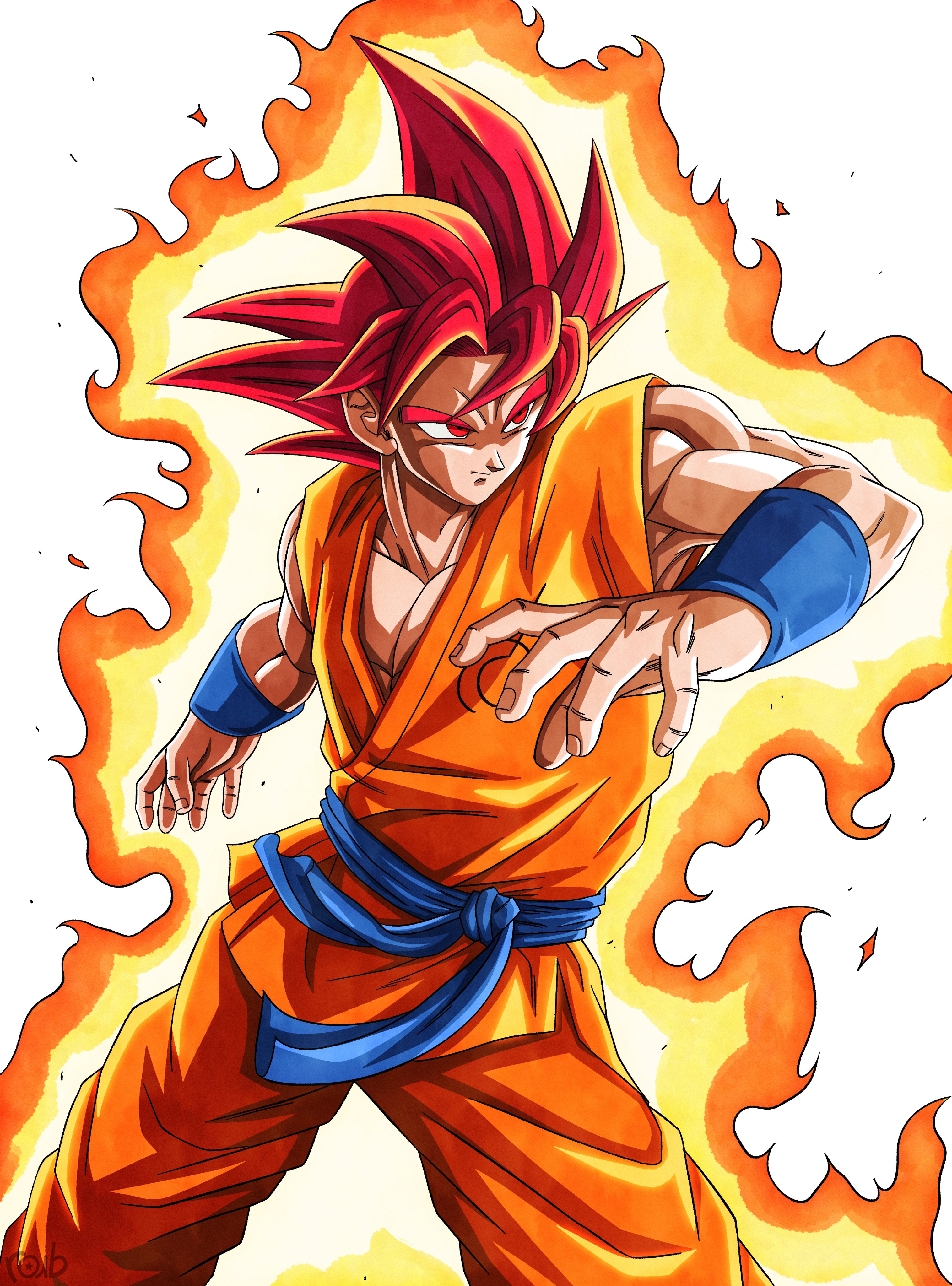 son goku, dragon ball, dragon ball super, dragon ball z, dragon ball z fukkatsu no f, dragonball z, absurdres, commentary, english commentary, highres, 1boy, aura, blue sash, cowboy shot, male focus, medium hair, muscular, muscular male, orange pants, orange tunic, pants, red eyes, red hair, roub3d, sash, simple background, solo, spiked hair, super saiyan, super saiyan god, tunic, white background