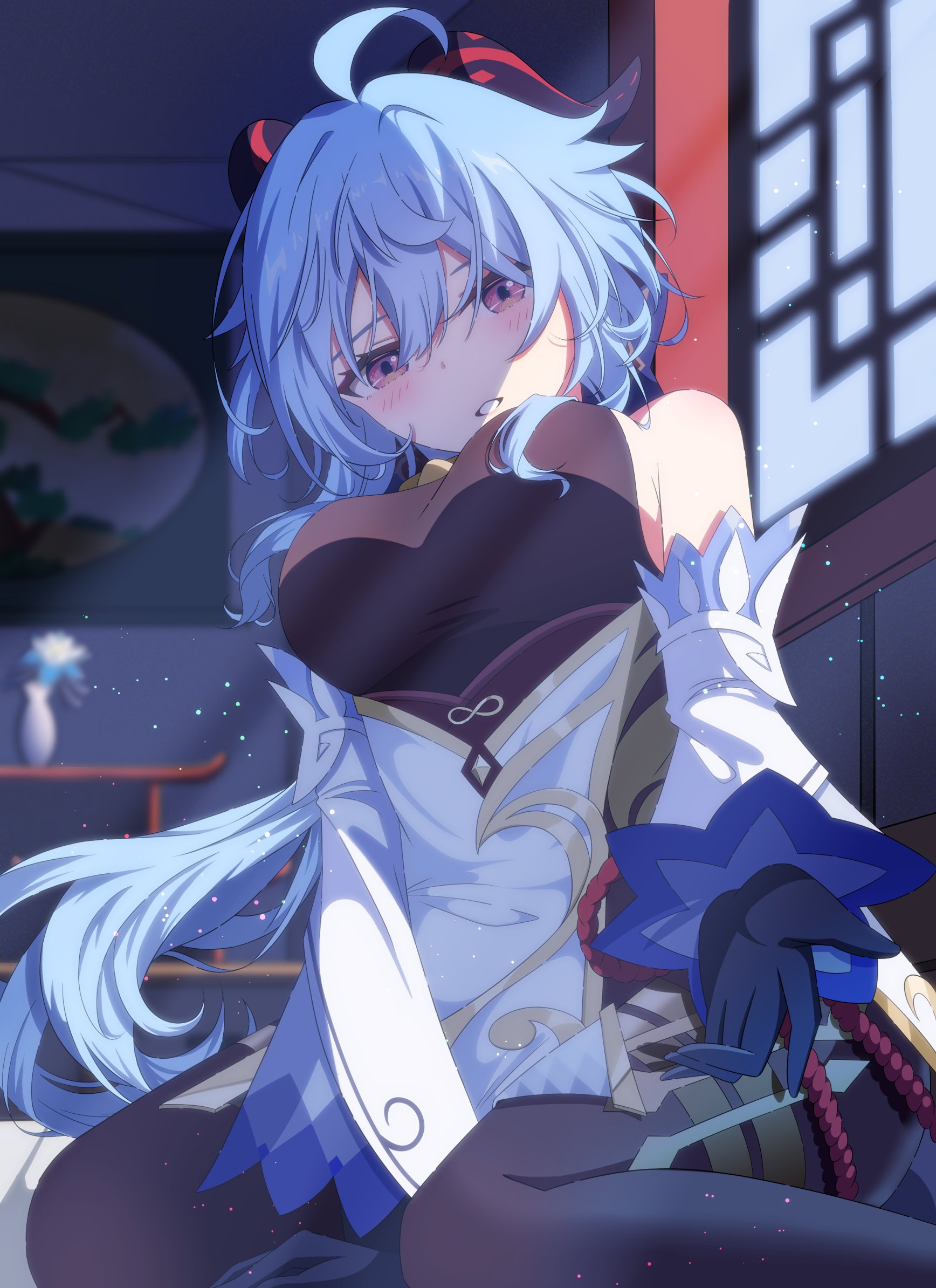 sankaku (maruchann32), ganyu (genshin impact), genshin impact, highres, 1girl, bare shoulders, blue hair, blush, bodystocking, breasts, detached sleeves, dress, goat horns, horns, indoors, large breasts, outstretched arm, ponytail, purple eyes, sitting, white dress