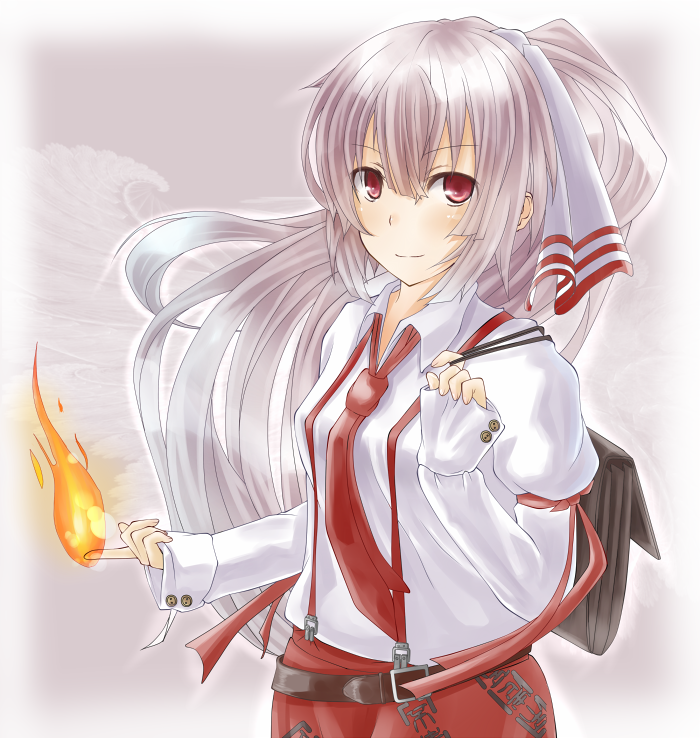 tokijiro, fujiwara no mokou, touhou, bad id, bad pixiv id, 1girl, bag, female focus, fire, long hair, magic, necktie, red eyes, ribbon, school bag, smile, solo, suspenders, white hair