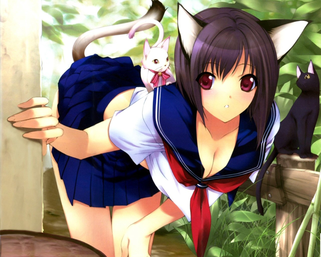 iizuki tasuku, animal ears, blush, breasts, cat, cat ears, cat tail, cleavage, outdoors, school uniform