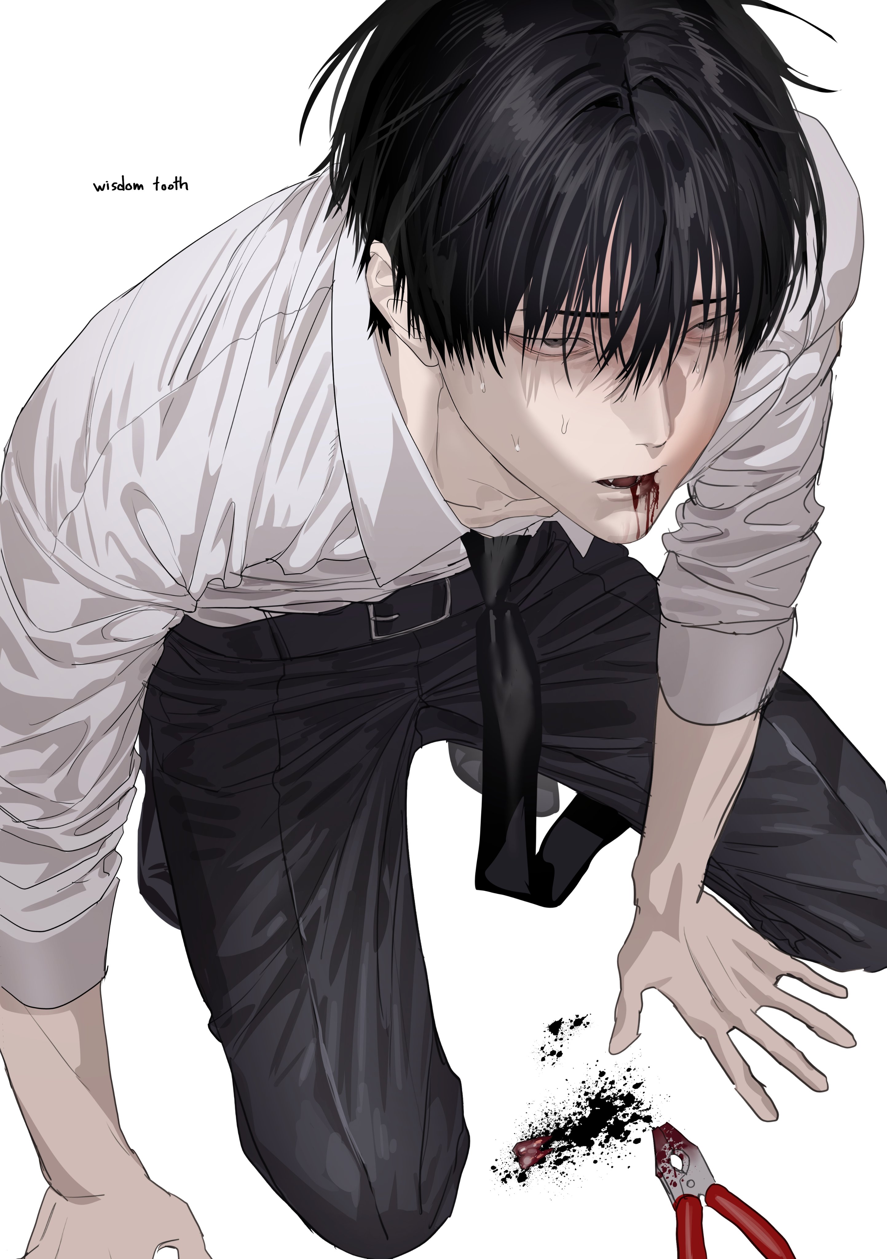 chamuring, special civil servant, absurdres, hashtag-only commentary, highres, official art, 1boy, belt, black belt, black hair, black necktie, black pants, blood, blood from mouth, blood on ground, collared shirt, english text, han maru, invisible floor, kneeling, male focus, necktie, pants, pliers, removed tooth, shirt, short hair, solo, sweat, teeth, white shirt