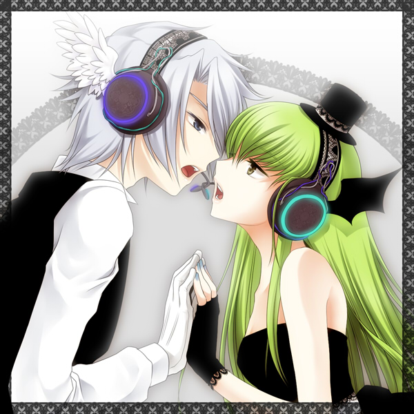 jyuru, c.c., rai (code geass), code geass, code geass: lost colors, magnet (vocaloid), vocaloid, 1boy, 1girl, blue nails, cosplay, face-to-face, green hair, grey hair, hat, headset, long hair, mini hat, mini top hat, nail polish, parody, short hair, top hat, white hair, white theme