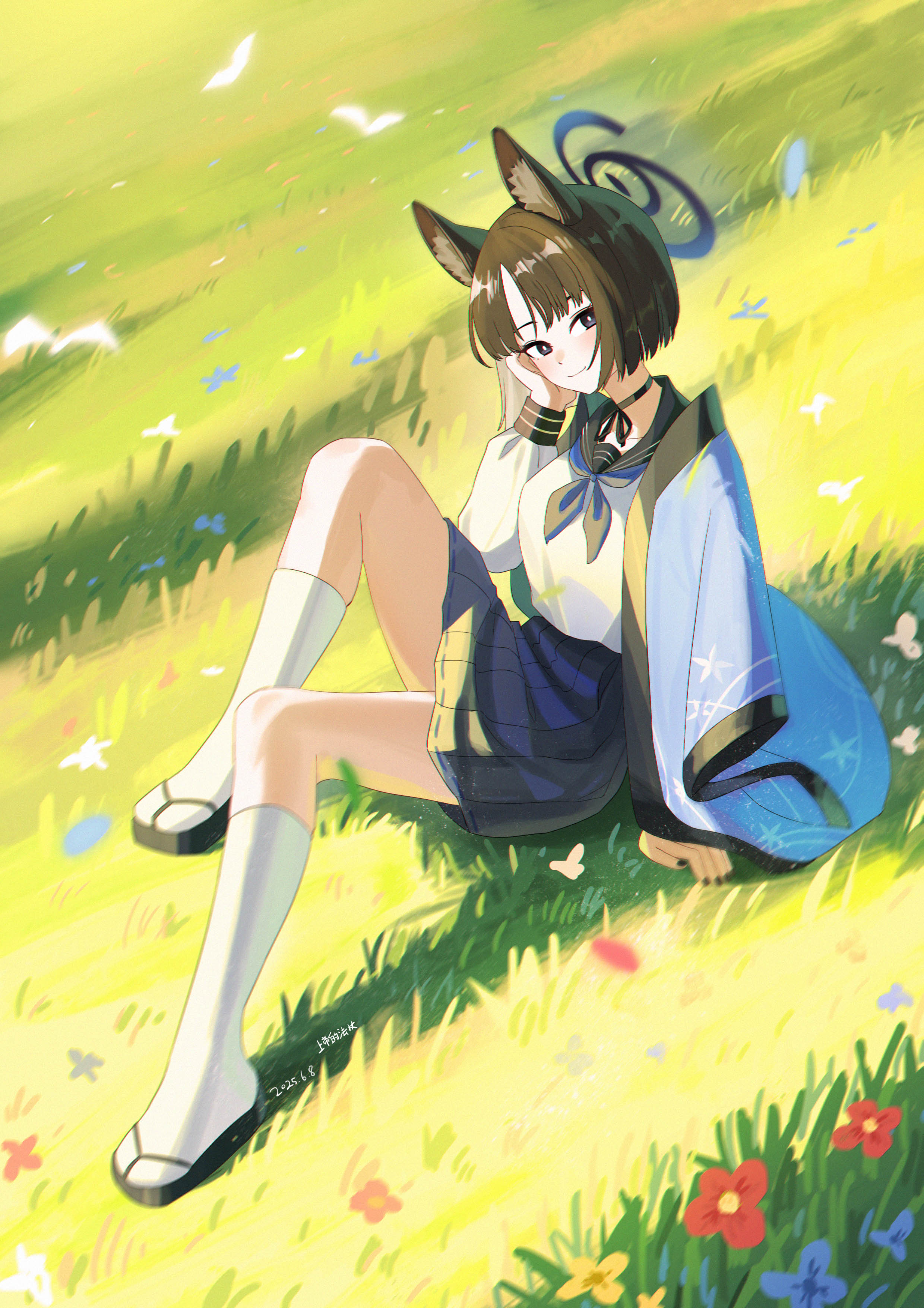 shangdi de fa zhang, kikyou (blue archive), blue archive, absurdres, chinese commentary, commentary request, highres, 1girl, animal ear fluff, animal ears, arm at side, artist name, black choker, black eyes, black hair, black nails, black ribbon, black sailor collar, black skirt, blue flower, blue halo, blue neckerchief, blush, bob cut, bright pupils, cat ears, cat girl, choker, closed mouth, dated, day, flower, from side, full body, grass, halo, hand on own cheek, hand on own face, hand up, happy, kneehighs, knees up, long sleeves, miniskirt, nail polish, neck ribbon, neckerchief, on grass, outdoors, pleated skirt, red flower, ribbon, ribbon-trimmed skirt, ribbon trim, sailor collar, sandals, school uniform, serafuku, shirt, short hair, sidelighting, sitting, skirt, smile, socks, solo, sunlight, white pupils, white shirt, white socks, yellow flower