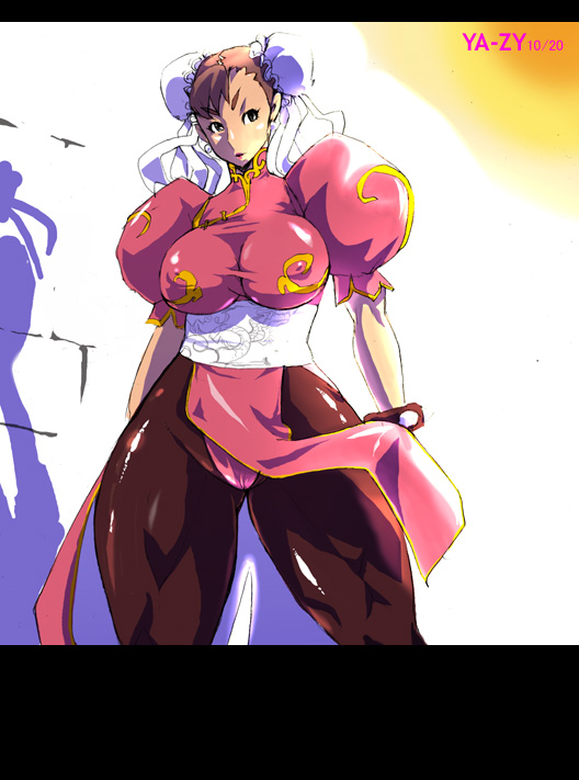 yunioshi, chun-li, capcom, street fighter, alternate color, bracelet, breasts, brown eyes, brown hair, bun cover, china dress, chinese clothes, double bun, dress, jewelry, large breasts, muscular, panties, pantyhose, short hair, solo, spiked bracelet, spikes, thick thighs, thighs, underwear